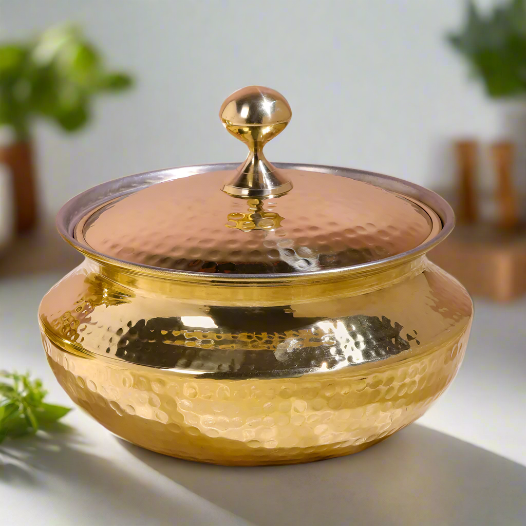 Punjabi Handi Set With Tin Coating Inside | Pure Brass Cooking Ware -2 No.