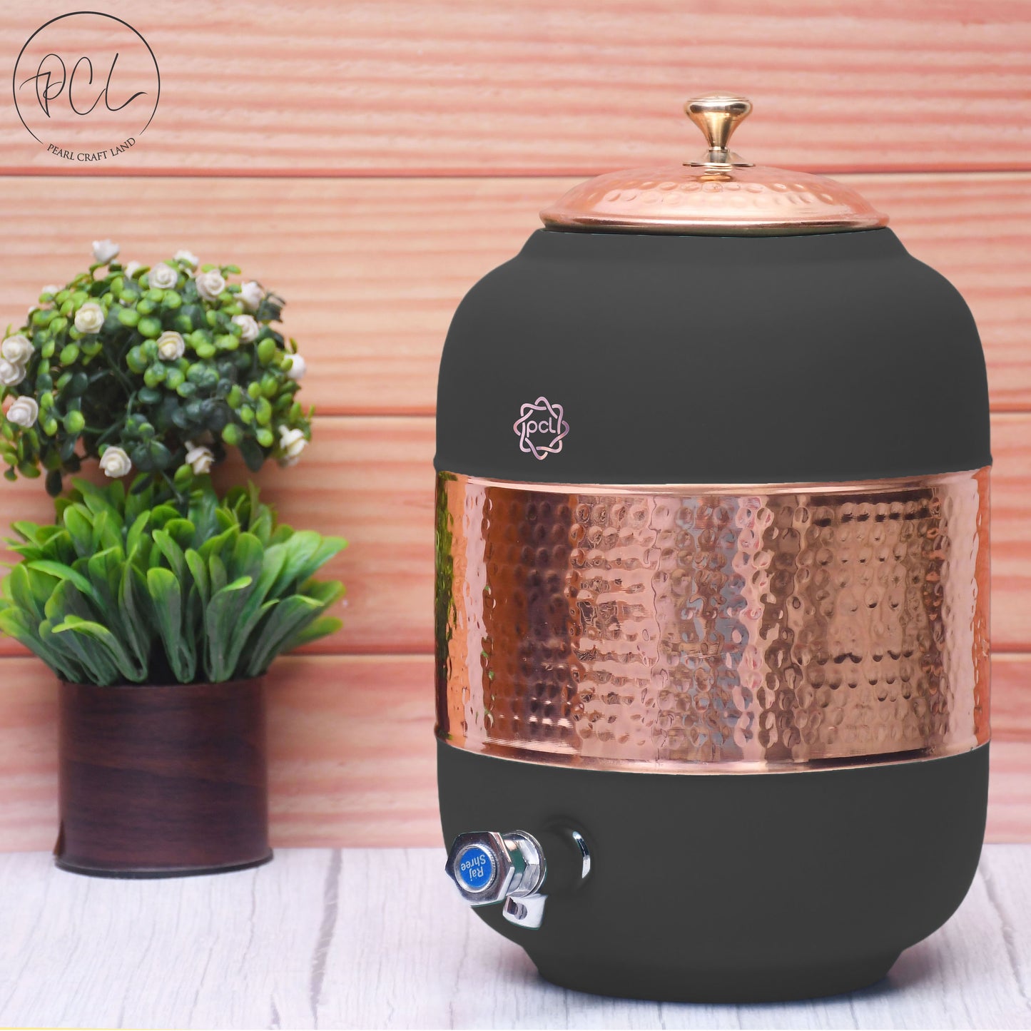 Pure Copper Silk Black Half Hammered Water Dispenser (Matka) Capacity 8000ML