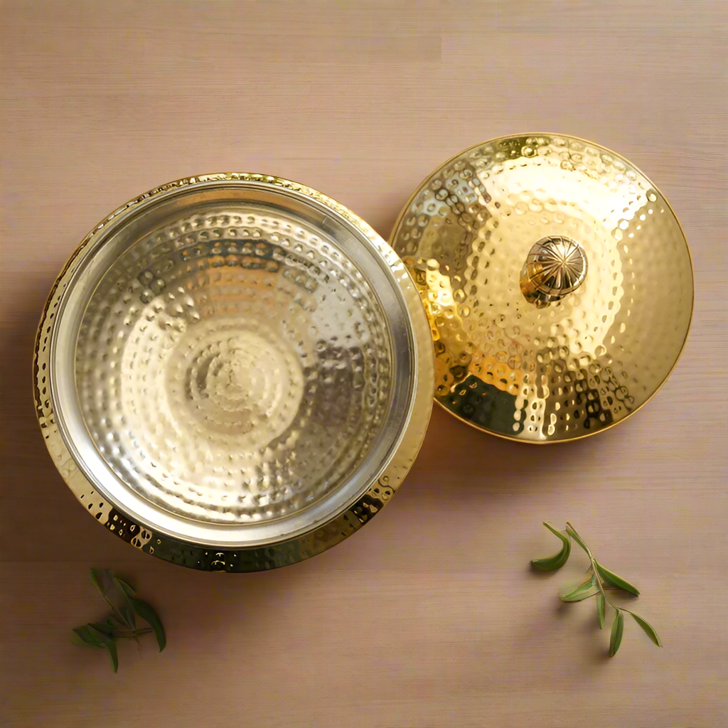 Brass Sipri Punjabi Handi Set With Tin Coating Inside | Heavy Brass Degh Cooking Ware - 05 No.