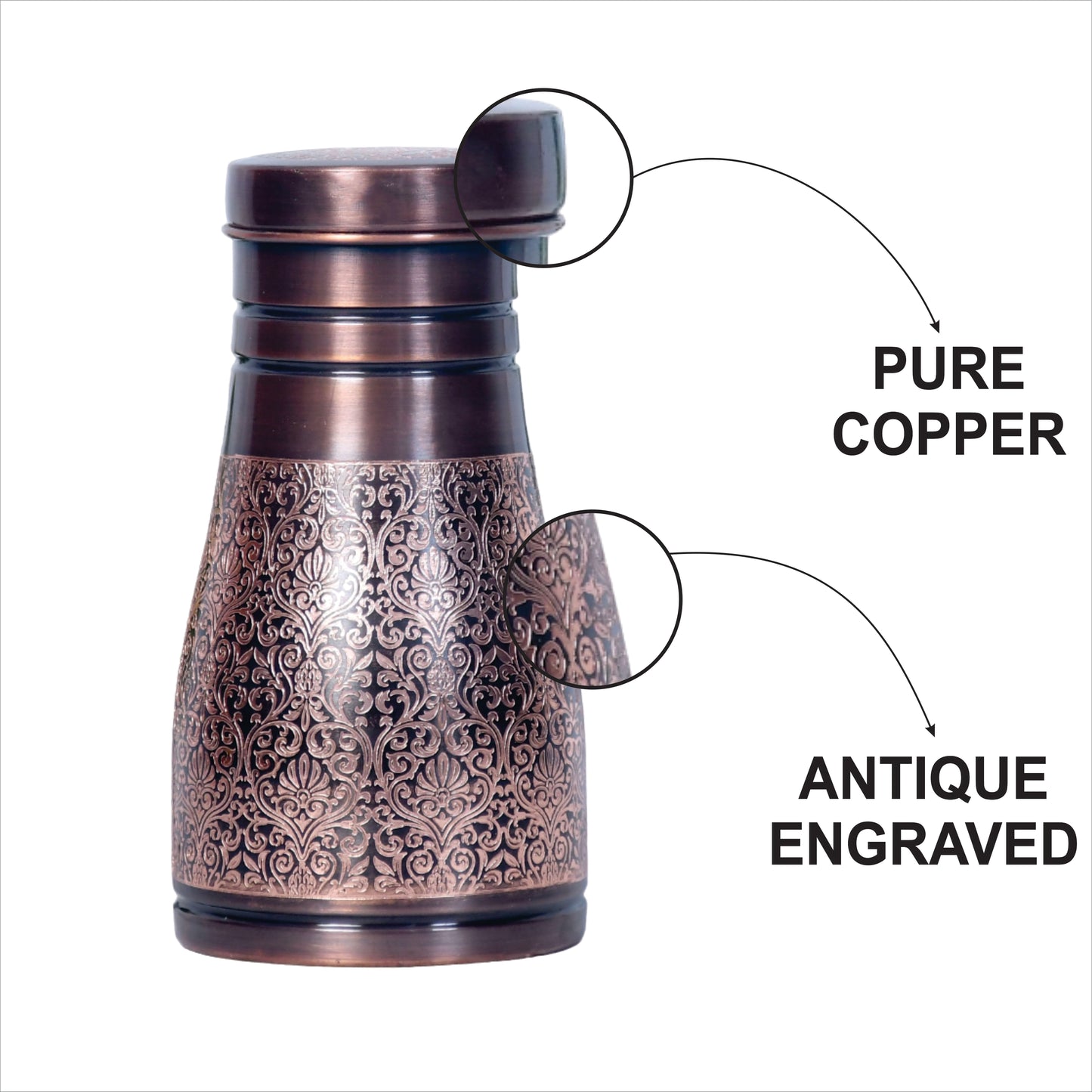 Pure Copper Bedside Jar with Antiqued Black Engraving Inbuilt Glass Capacity 1000ML
