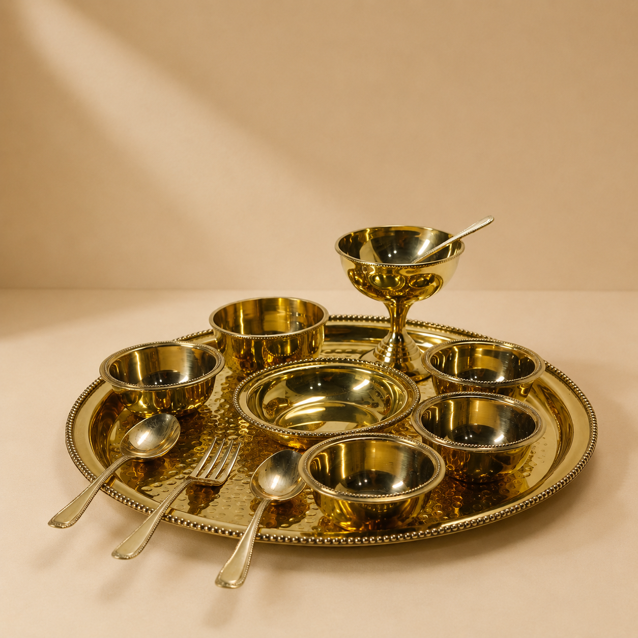 Brass Hammered Bhojan Thali Set (Set of 12) | Handcrafted Indian Dinner Set