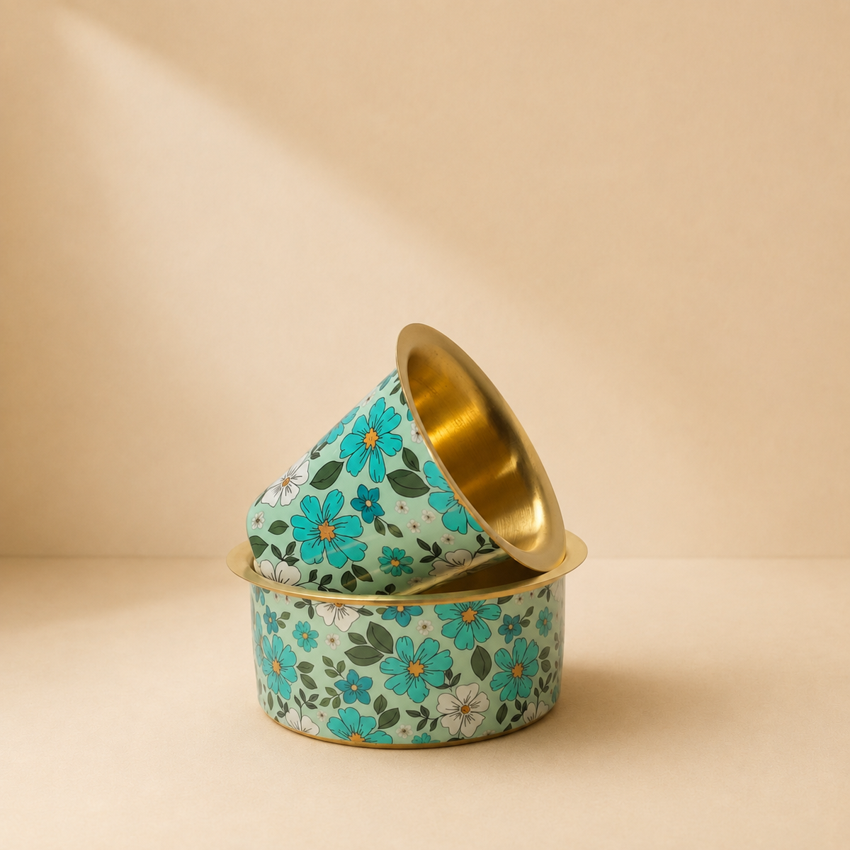 Premium Brass Blue Floral Meena Print Dabra Set | Traditional South Indian