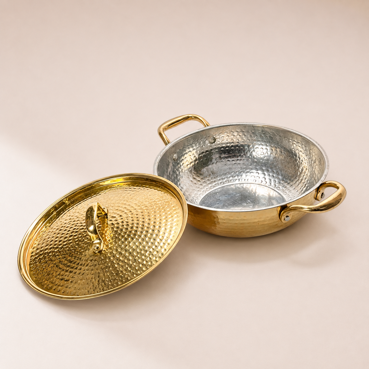 Handcrafted Brass Hammered Kadhai with Lid & Handle | Tradational Cookware