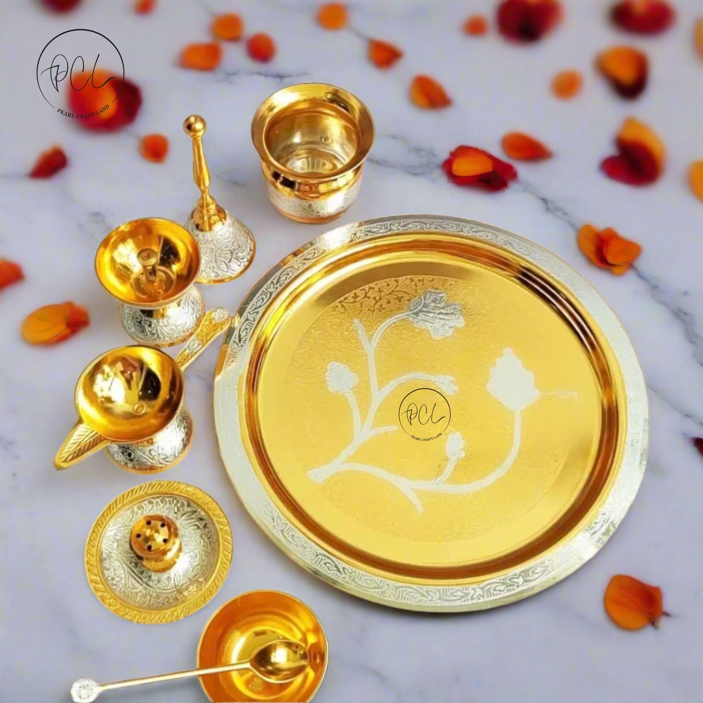 Exclusive Brass Pooja Thali with Brass Finished (Set of 8)