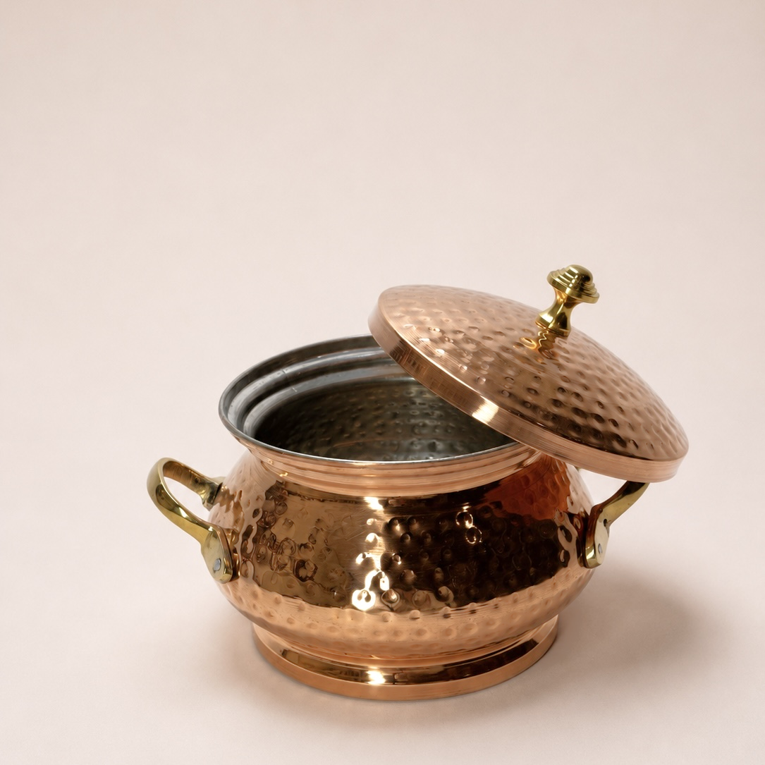 Handcrafted Hammered Copper Serving Handi with Brass Lid & Handle