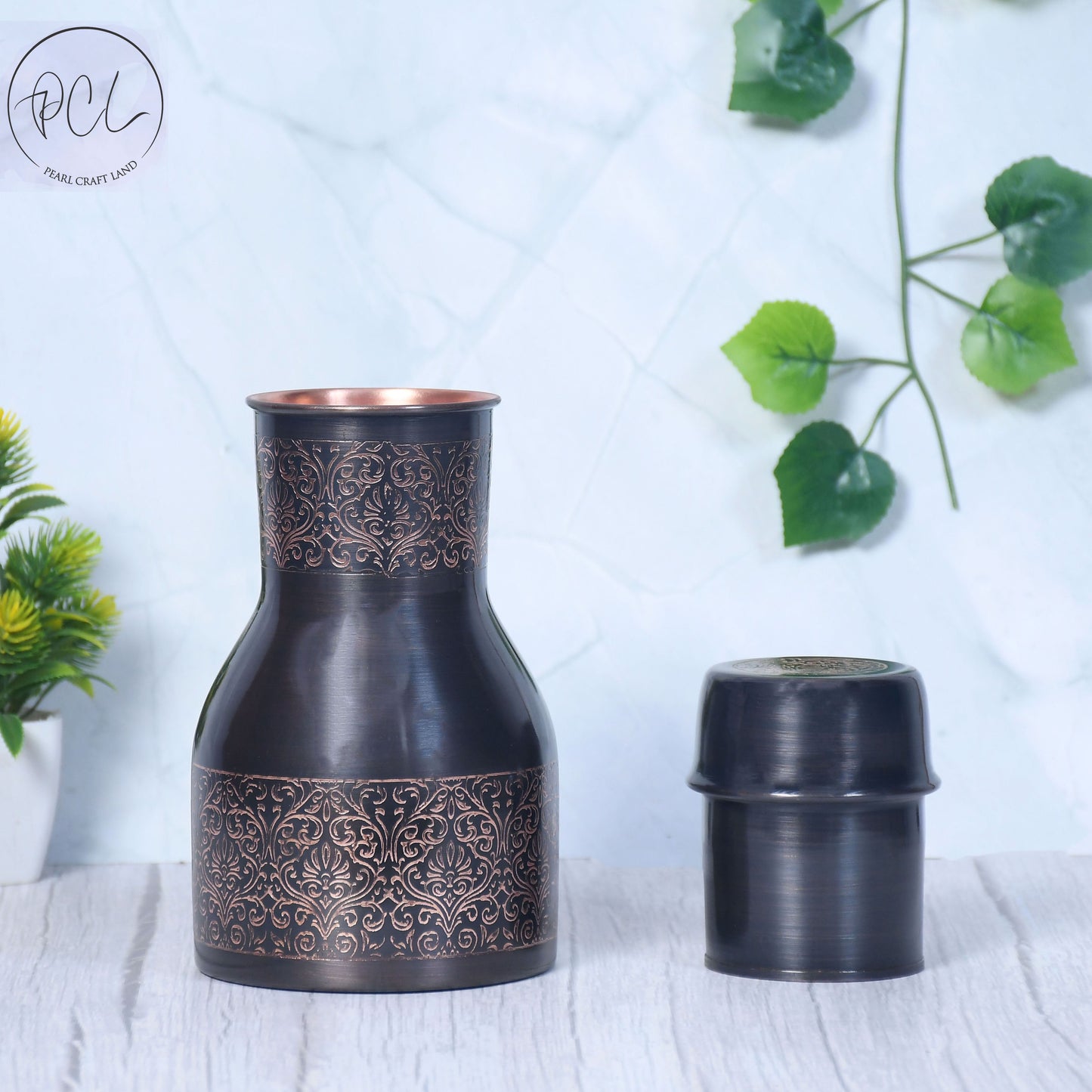 Pure Copper Bedside Charlie Jar Antique Etching with In-Built Glass Capacity 1000ML