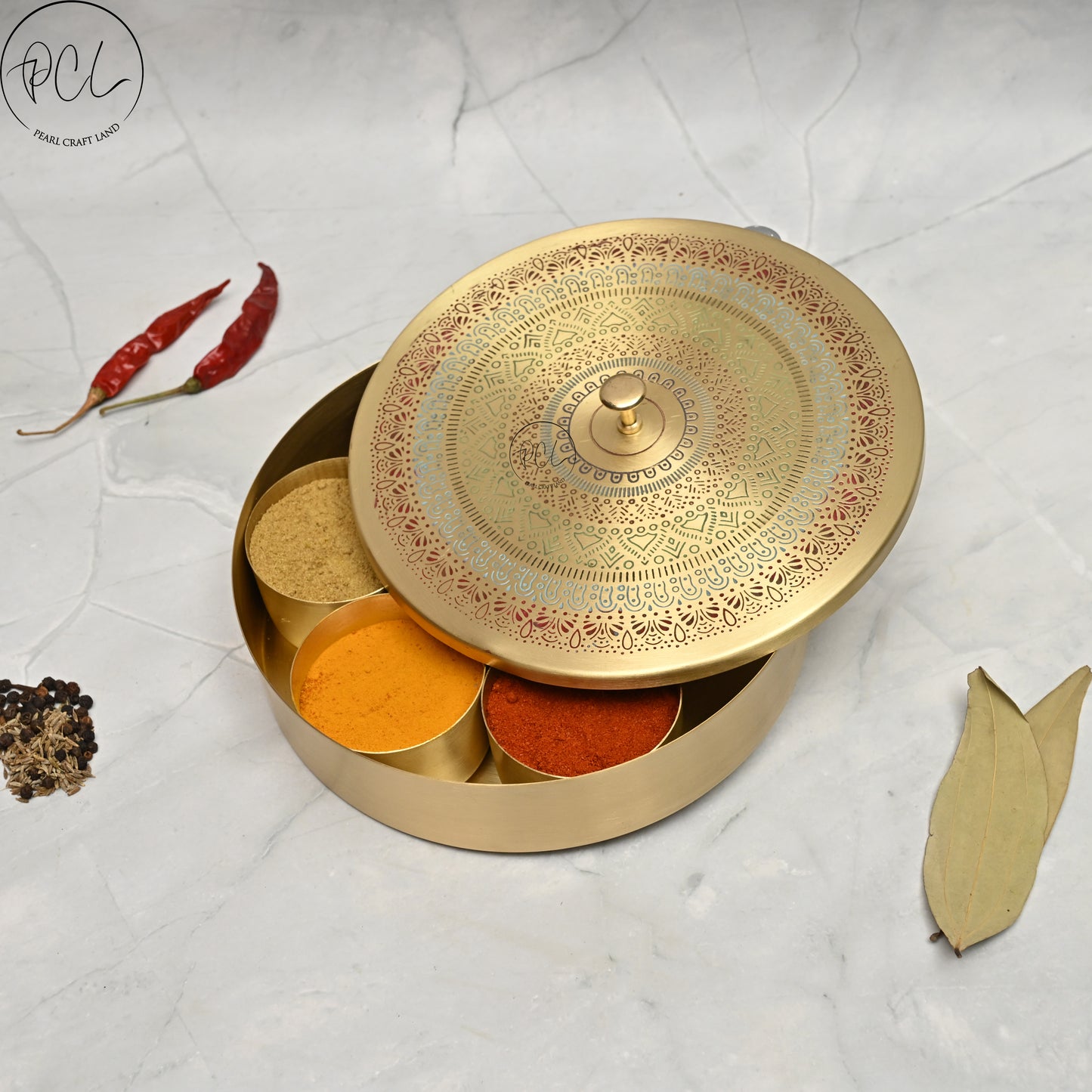 Handcrafted Brass Masala Box Rangoli Design Set for Kitchen with Spoon (7 Container)
