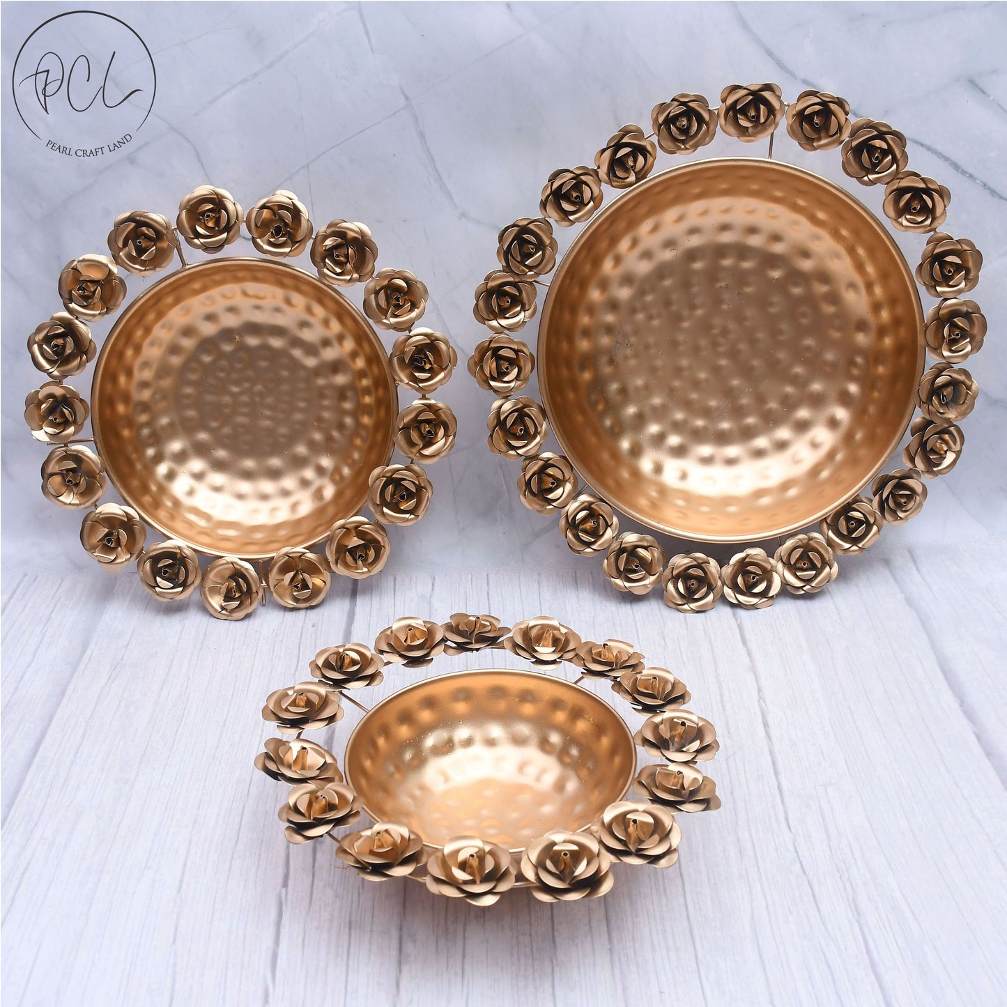 Exclusive Rose Design Urli Bowl for Home Decor with Floating Flowers and Candles( Set of 3 )