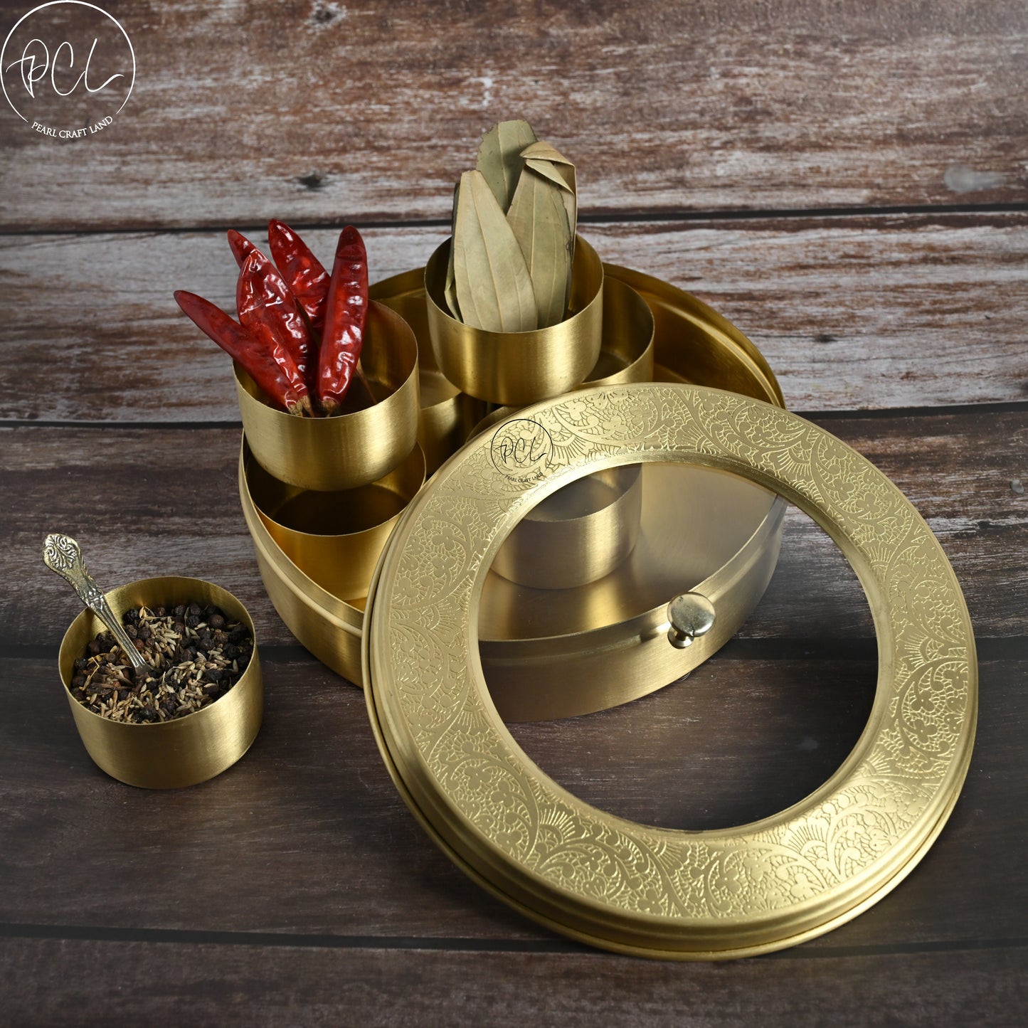 Handcrafted Fiber Brass Masala Box With Glass Cover Set for Kitchen with Spoon (7 Containers, 40 ML) 8"