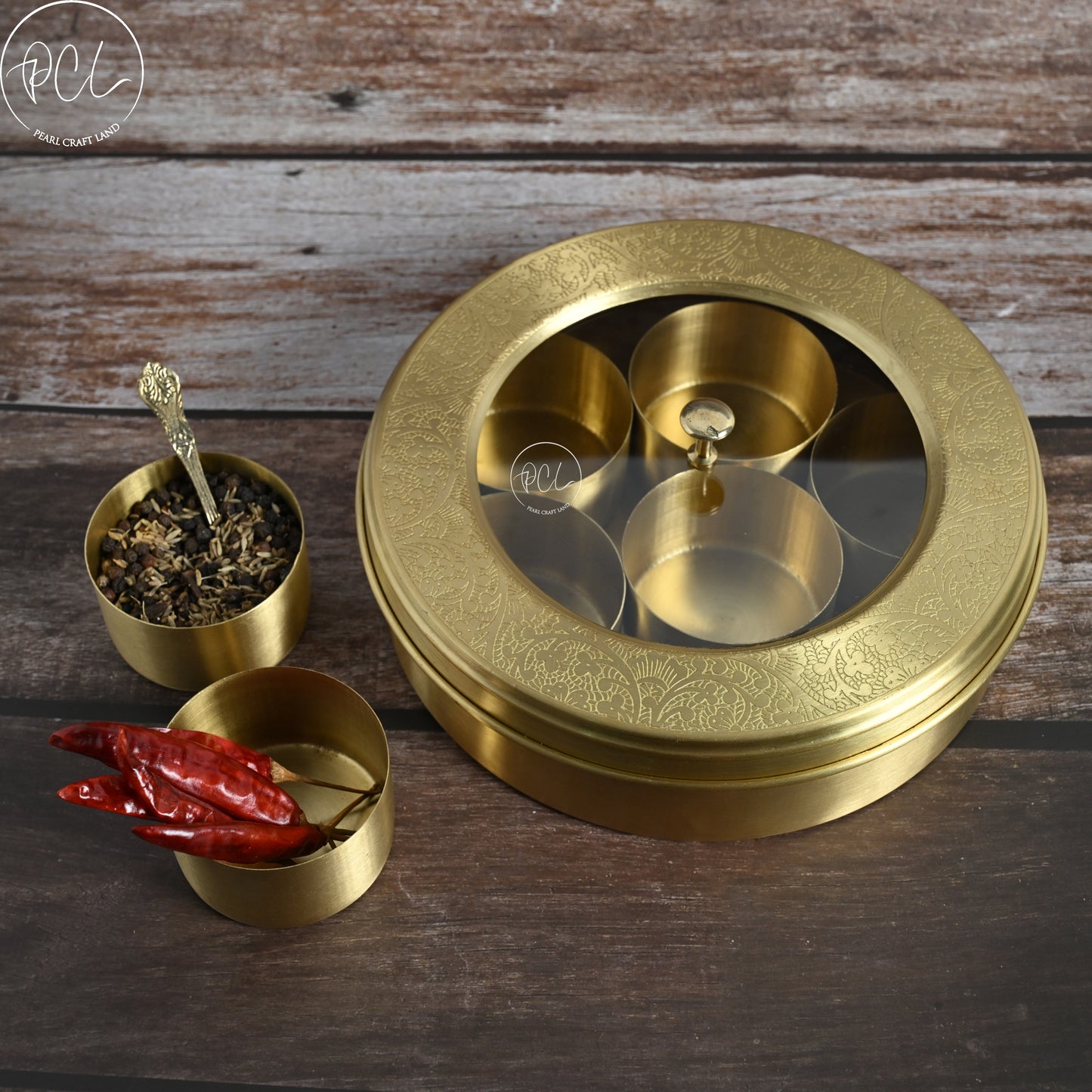 Handcrafted Fiber Brass Masala Box With Glass Cover Set for Kitchen with Spoon (7 Containers, 40 ML) 8"