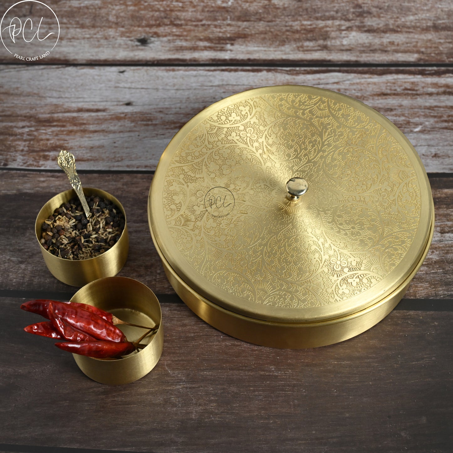 Handcrafted Brass Half Etched Masala Box Set for Kitchen with Spoon