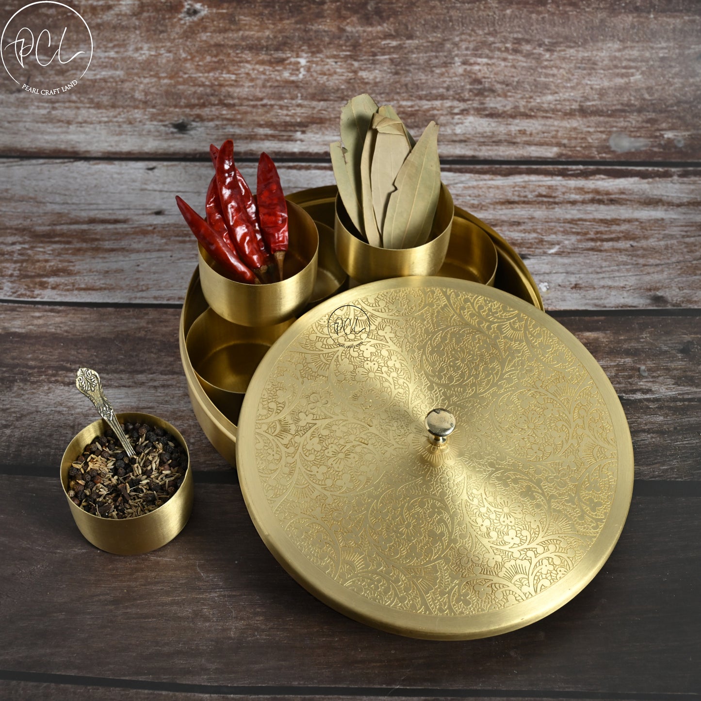 Handcrafted Brass Half Etched Masala Box Set for Kitchen with Spoon