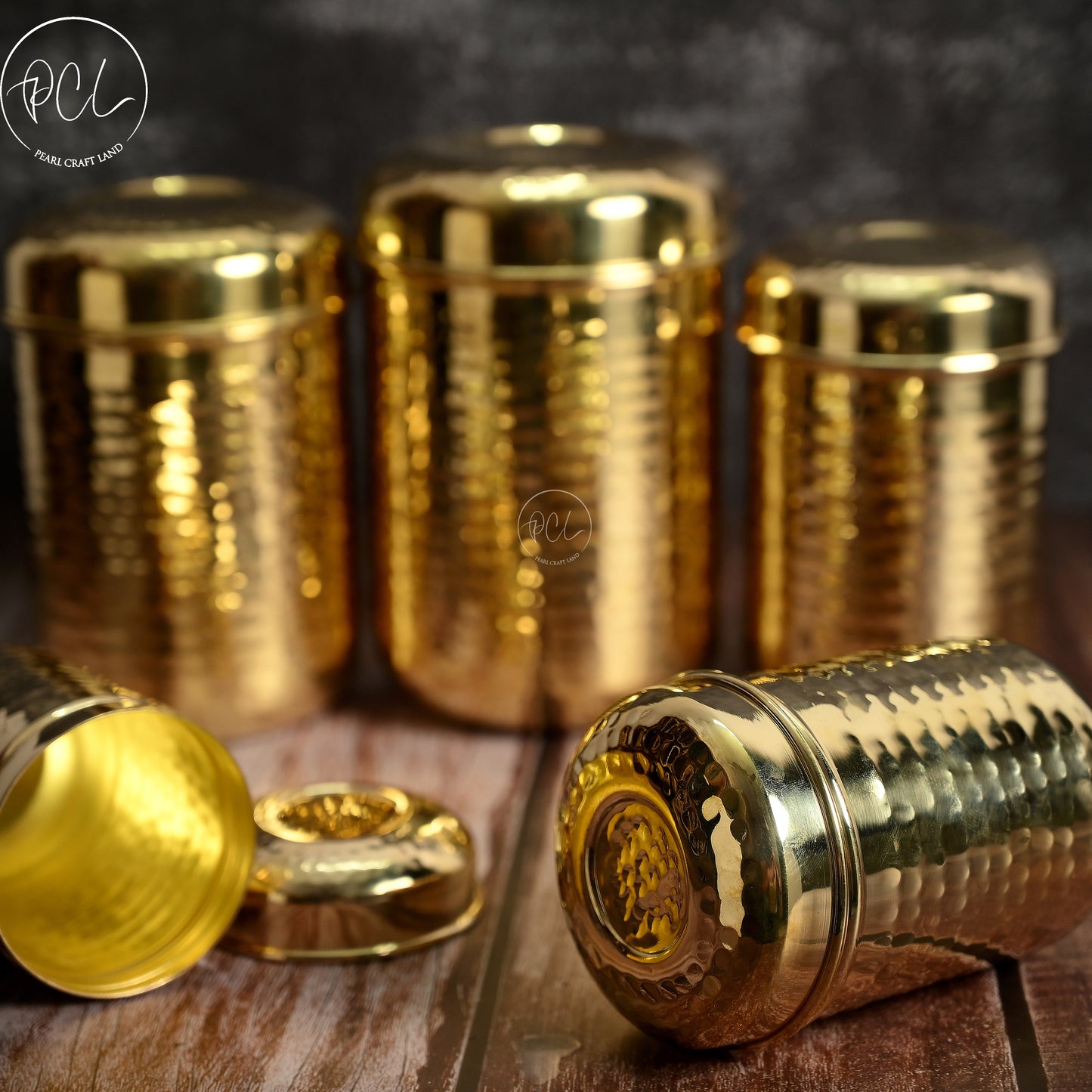 High Quality Pure Brass Kitchen Storage Canister Set of 5 Pcs - Shiny Polished With Hammered Design