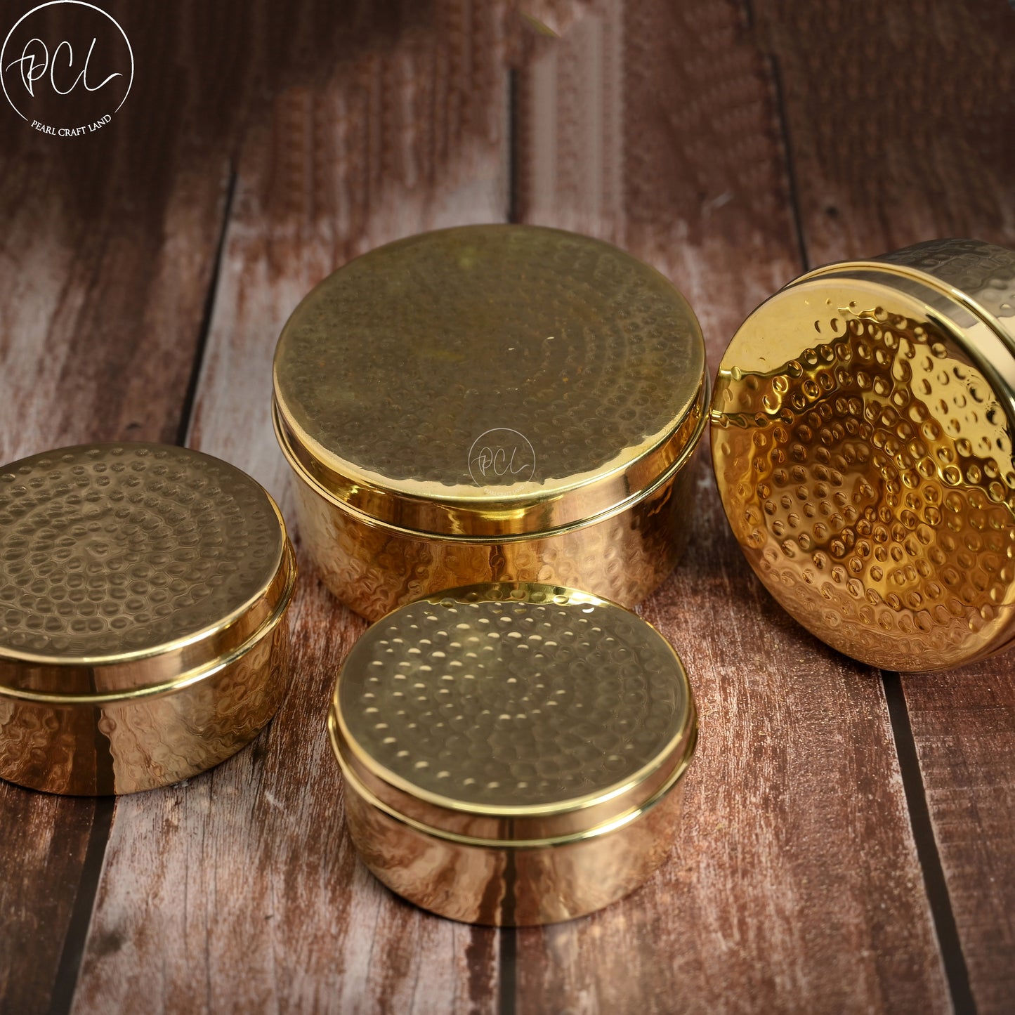 Brass Kulfi Set of 4 Pcs - Brass Dabba Shiny Polished With Hammered Design