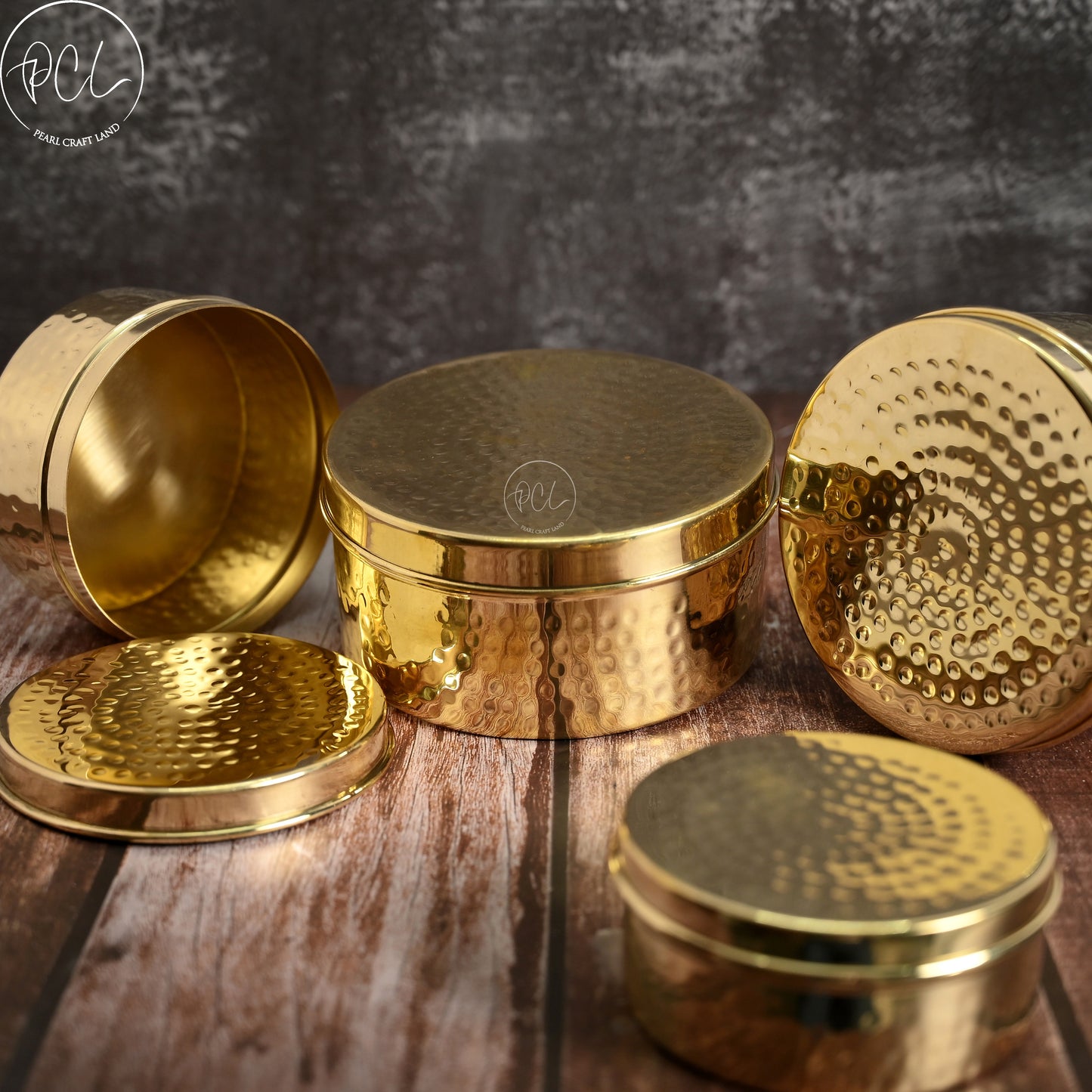 Brass Kulfi Set of 4 Pcs - Brass Dabba Shiny Polished With Hammered Design