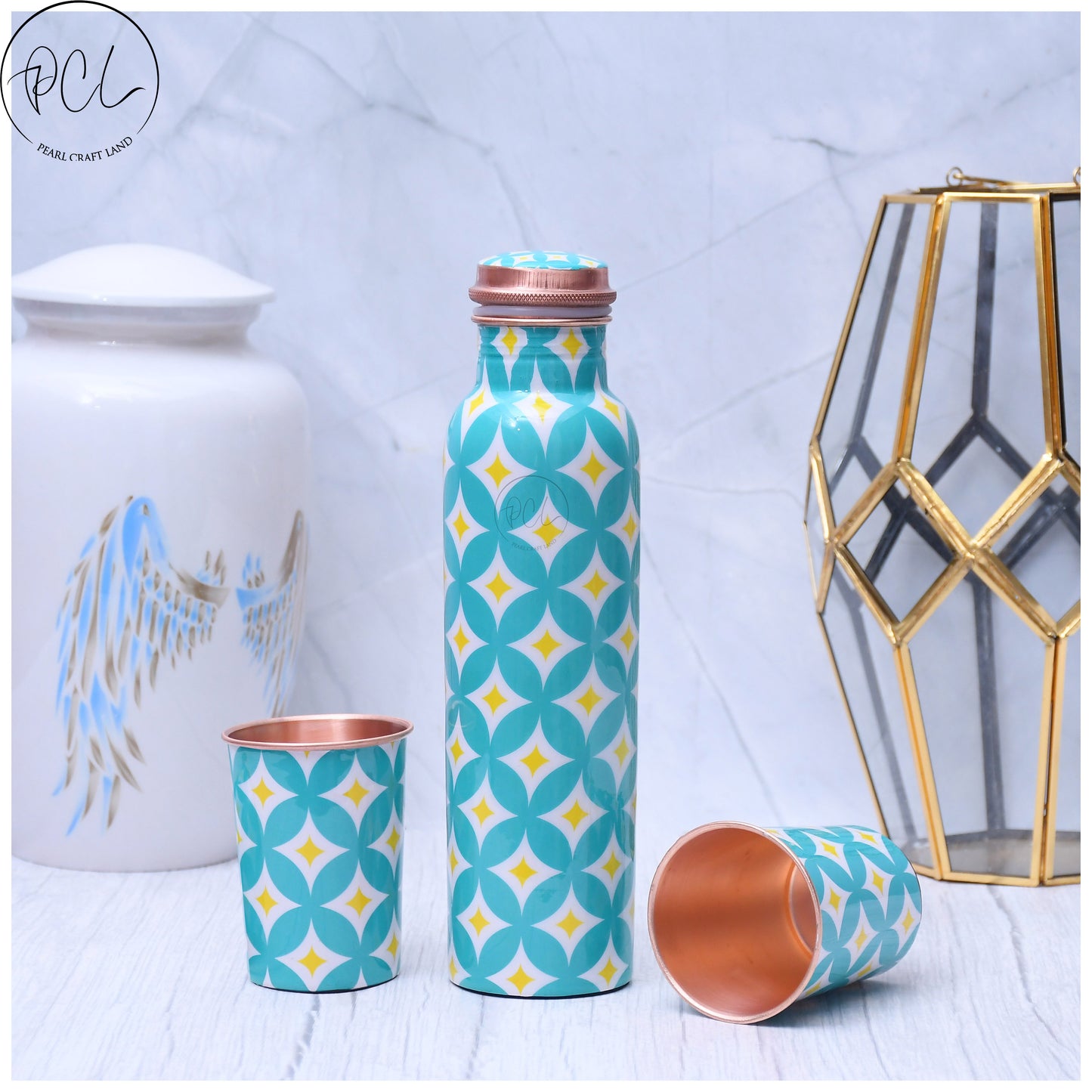 Refreshing Sky Blue Digital Printed Copper Bottle with 2 Glasses / Tumbler Set of 3 Capacity 1450 ML