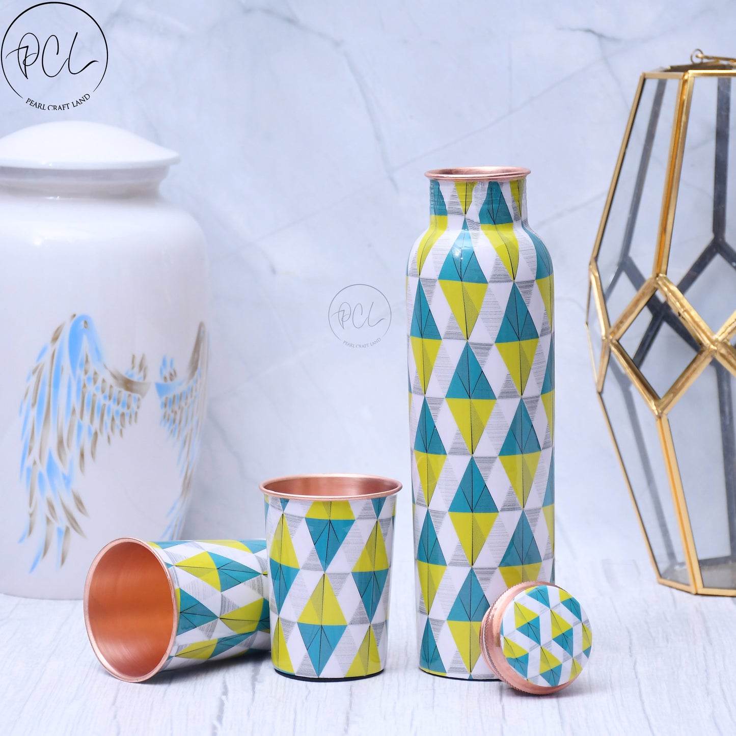 Spiffy Geometric Printed Copper Bottle with 2 Glasses / Tumbler Set of 3 Capacity 1450 ML