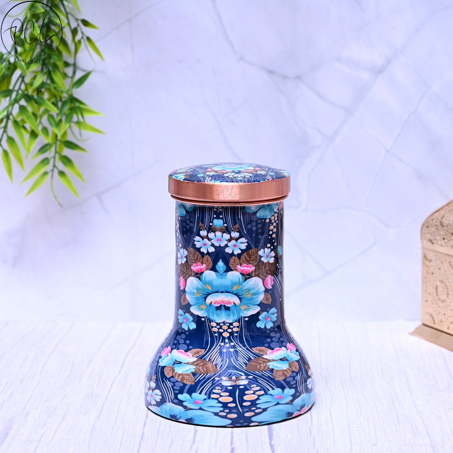 Pure Copper Bedside Blue Floral Printed Lily Pot with In-Built Glass Capacity 1000ML.
