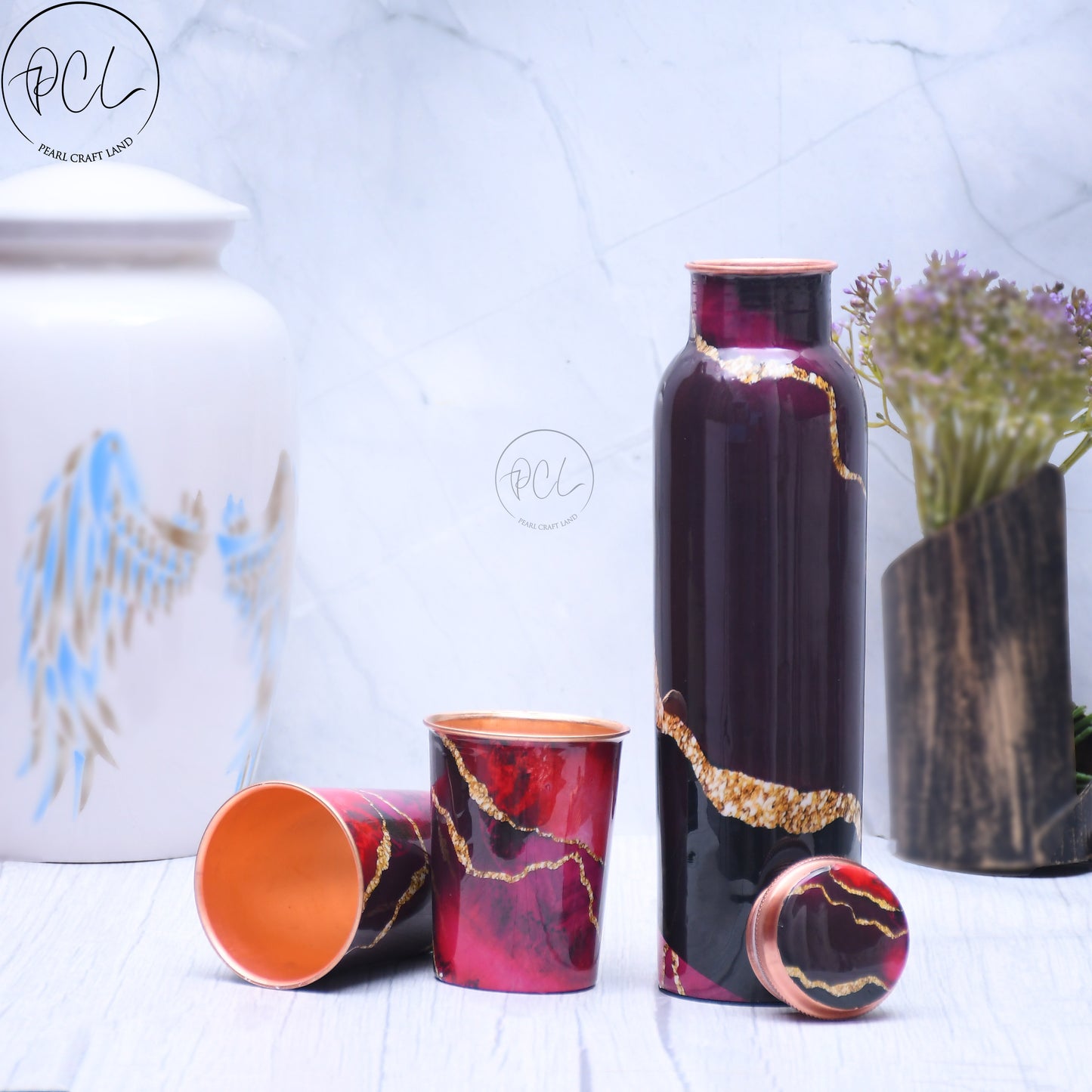 Exclusive Black Designed Pure Copper Bottle with Golden Stripes with 2 Glass/ Tumbler 1440 ML