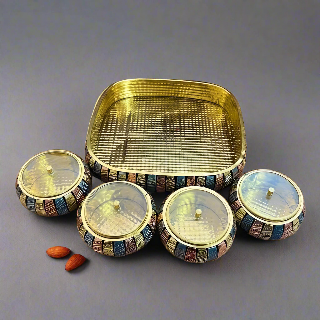 Multipurpose Brass Supari Set Decorative Box with 4 Container Set of 5