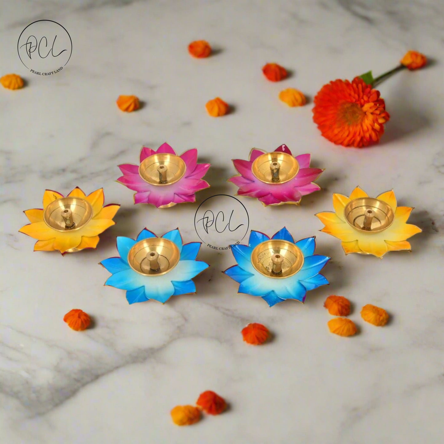 Exclusive Colorful Flower Shaped Brass Metal Diyas Diwali Special Set of 6