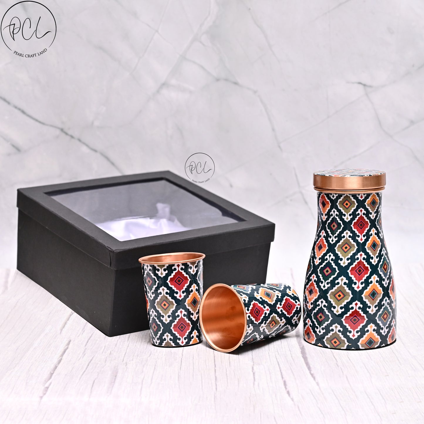 Beautiful Pure Copper Bedroom Jar / Water Pot With 2 Pcs Glass In Gift Box Capacity 1000 ML