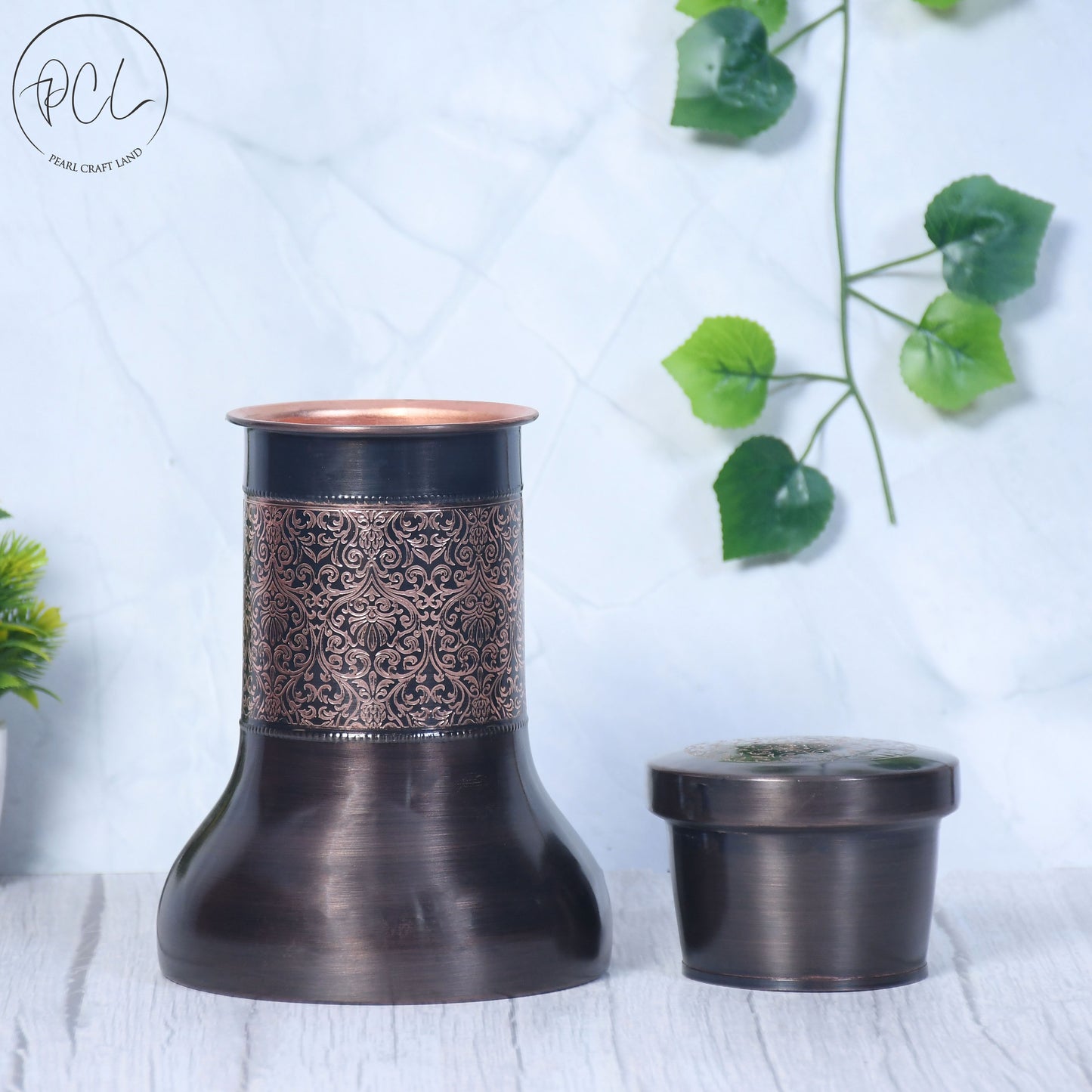 Pure Copper Bedside Lily Jar Antique Etching with In-Built Glass Capacity 1000ML