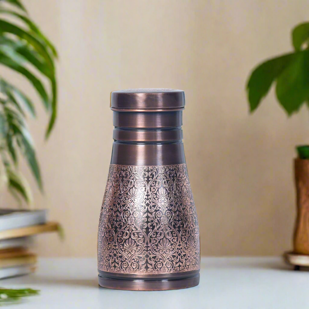 Pure Copper Bedside Jar with Antiqued Black Engraving Inbuilt Glass Capacity 1000ML