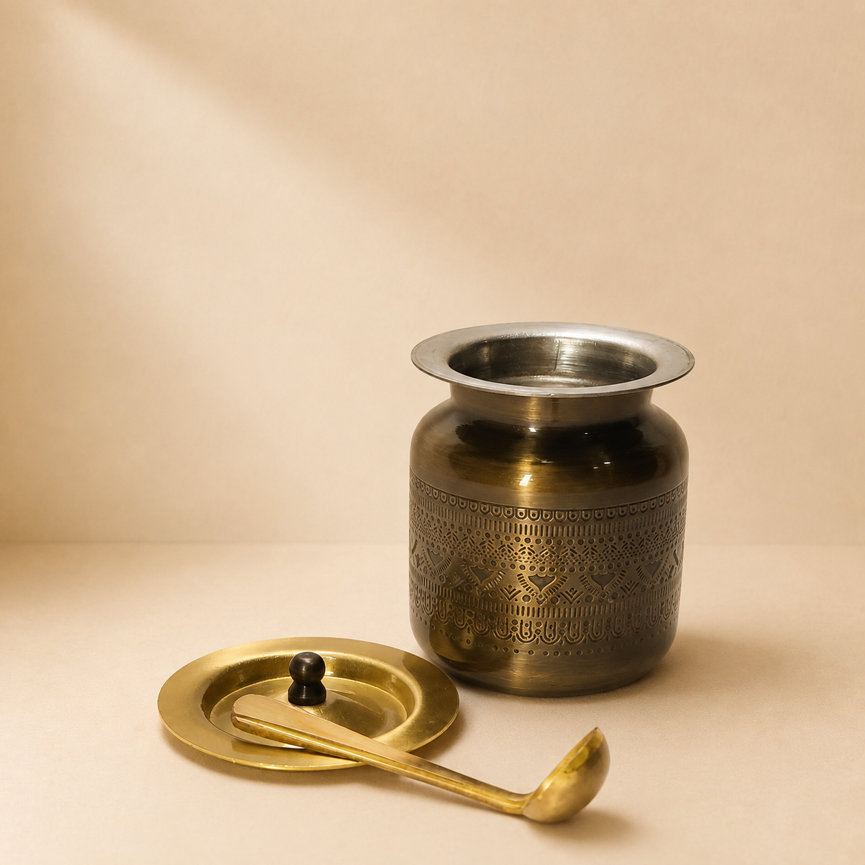 Handcrafted Brass Engraved Ghee Pot with Lid & Spoon
