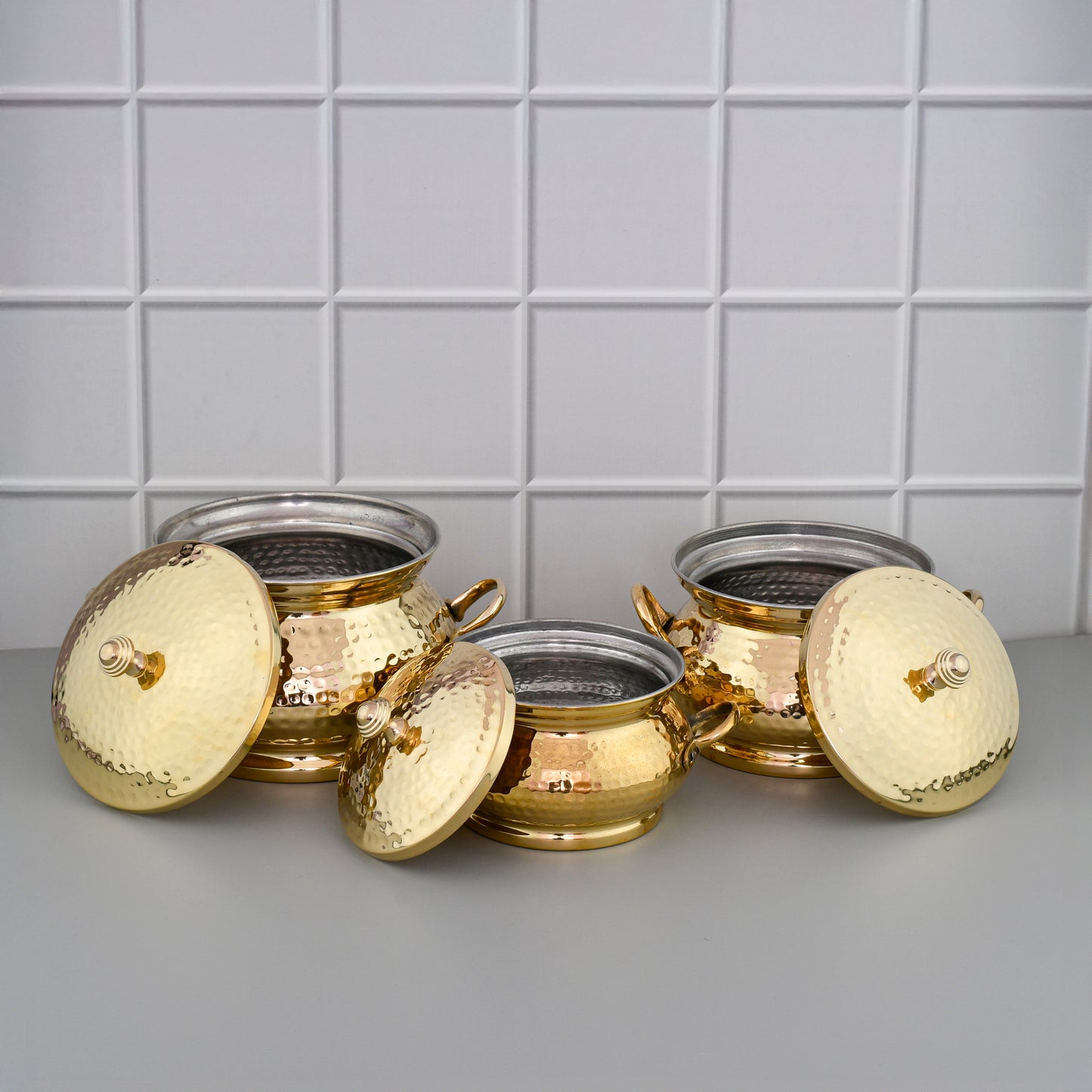Beautiful 3 Pcs Brass Serving Handi Set With Lid