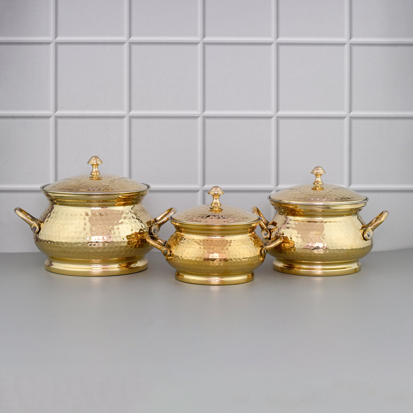 Beautiful 3 Pcs Brass Serving Handi Set With Lid