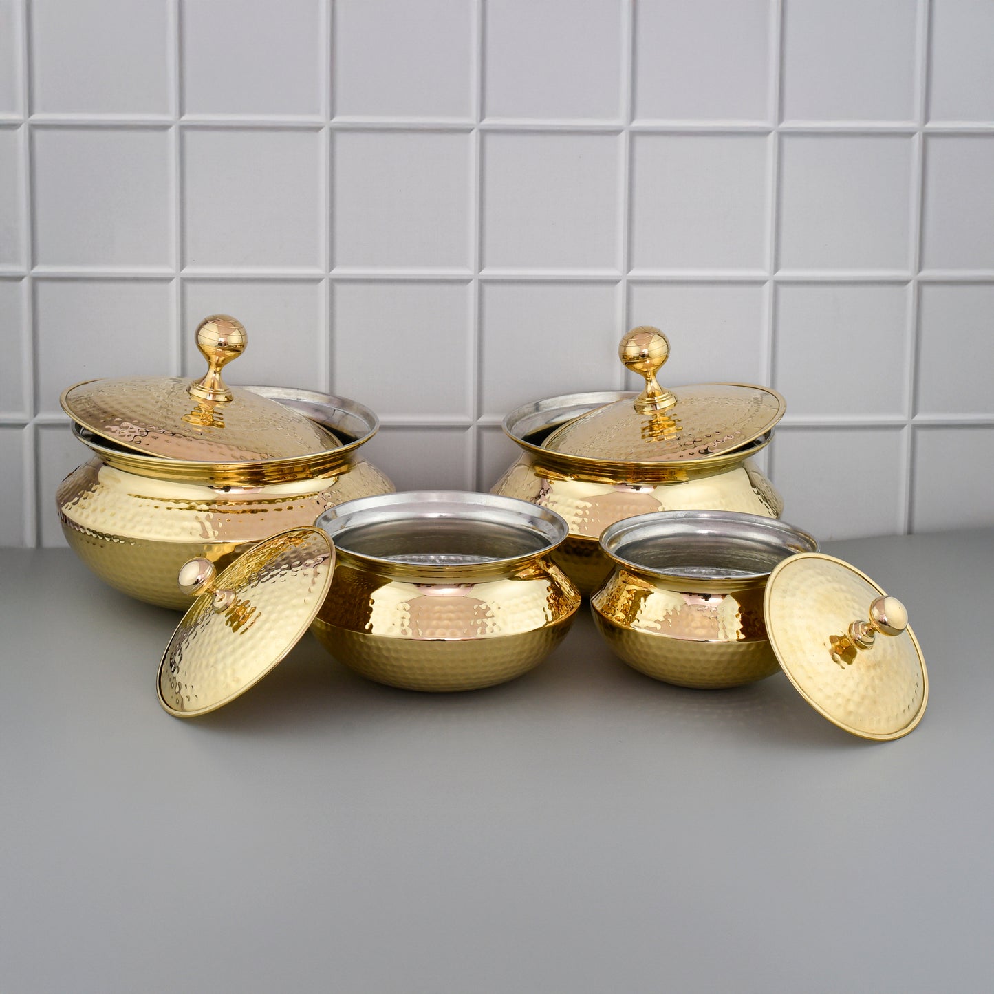 High Quality 4 Pcs Brass Punjabi Handi Set With Lid