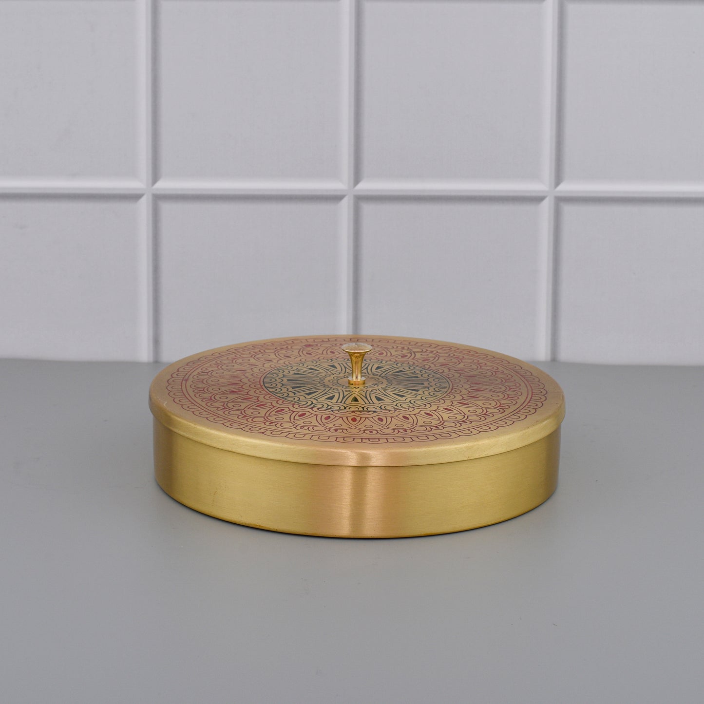 8" Brass Masala Box / Spice Box with Spoon - Red Mandala