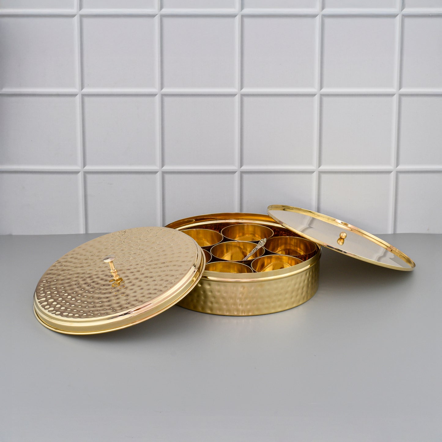 9" Brass Masala Box / Spice Organizer Box with Spoon - Shiny Hammered