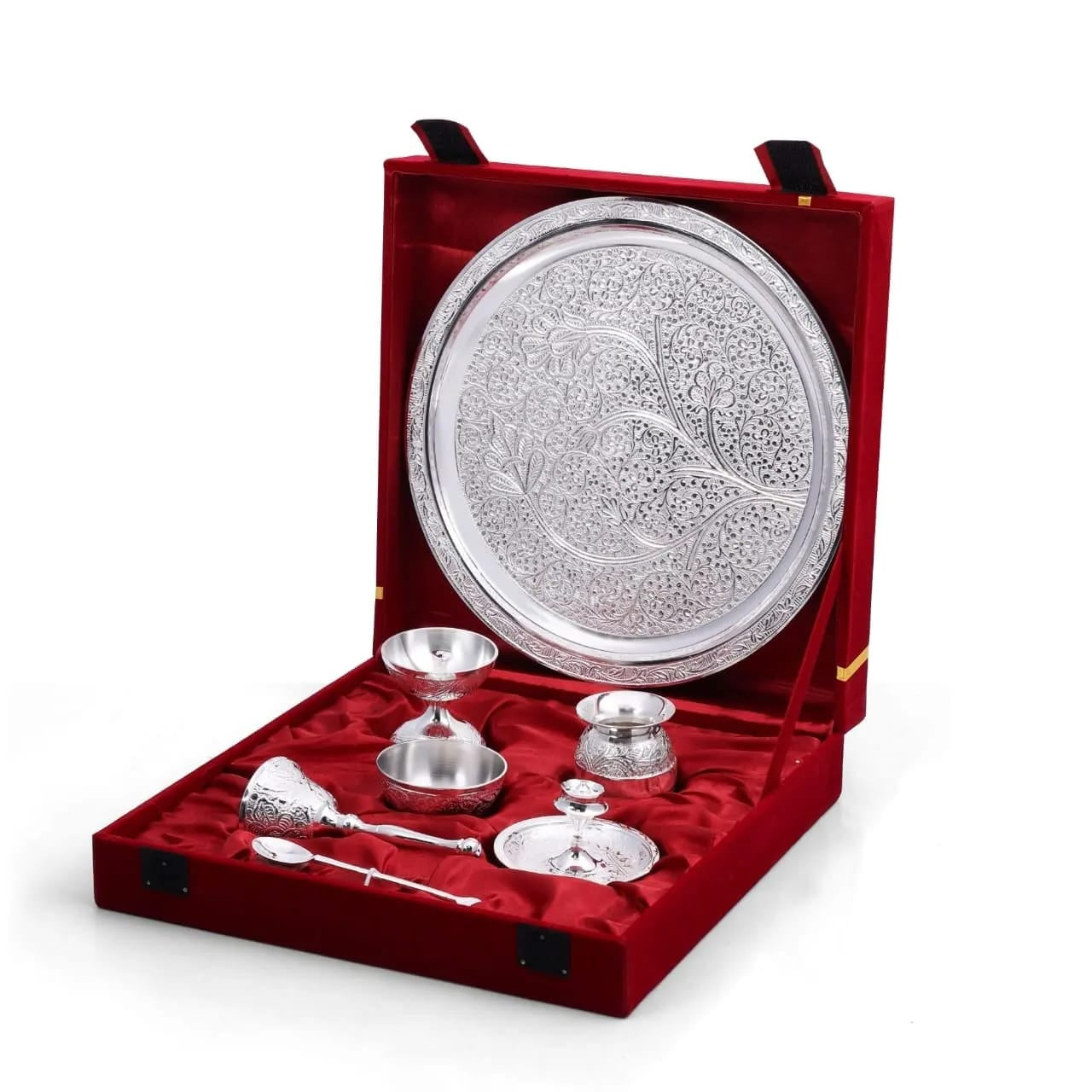 Exclusive Brass Pooja Thali Set With Silver Plated 7 Pcs Set With Gift Box Pack
