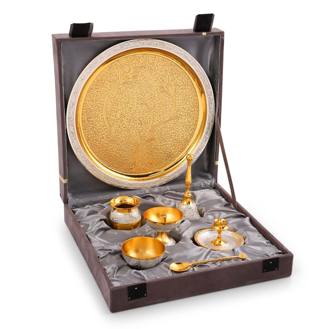 High Quality Brass Pooja Thali Set In Silver and Gold Color 7 Pcs Set With Gift Box Pack