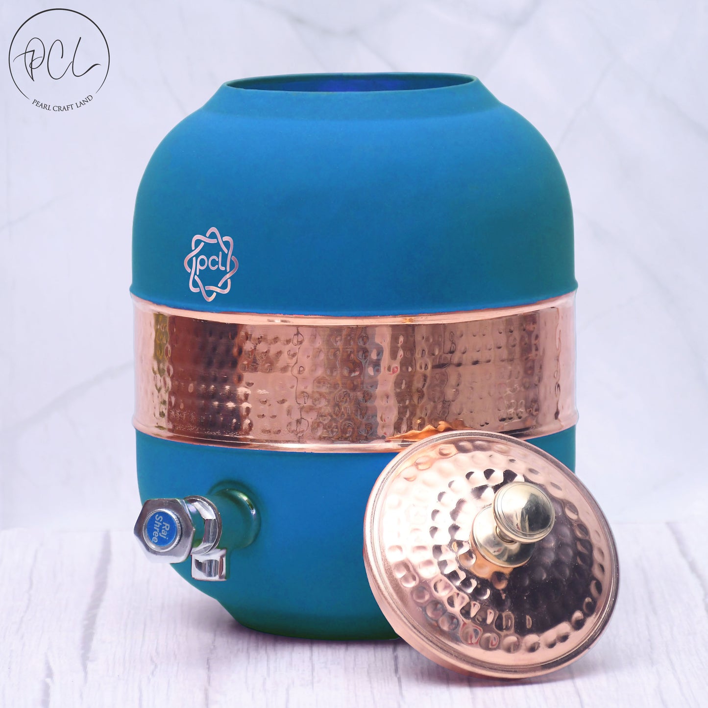 Pure Copper Silk Blue Half Hammered Water Dispenser (Matka) Capacity 5000ML