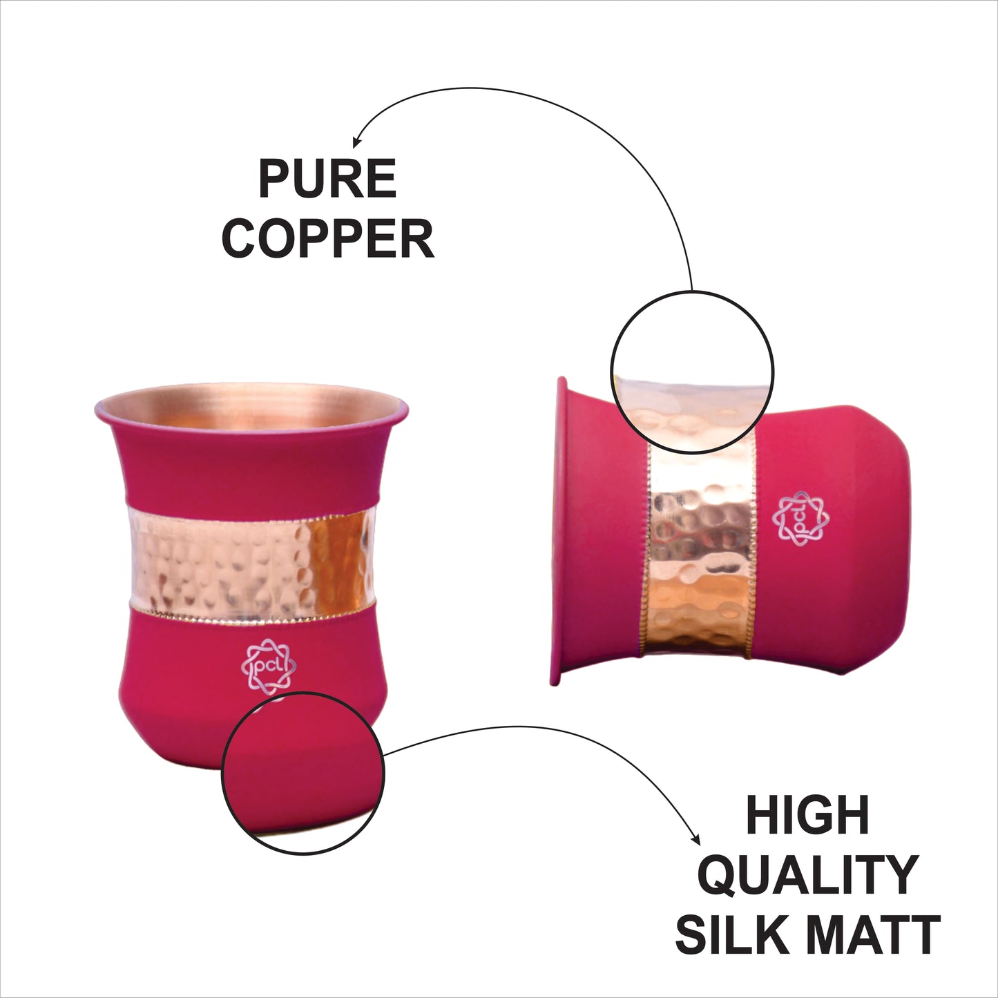 Pure Copper Water Glass Set of 2 Silk Red Cherry Half Hammered Damru Tumbler Capacity 300ML