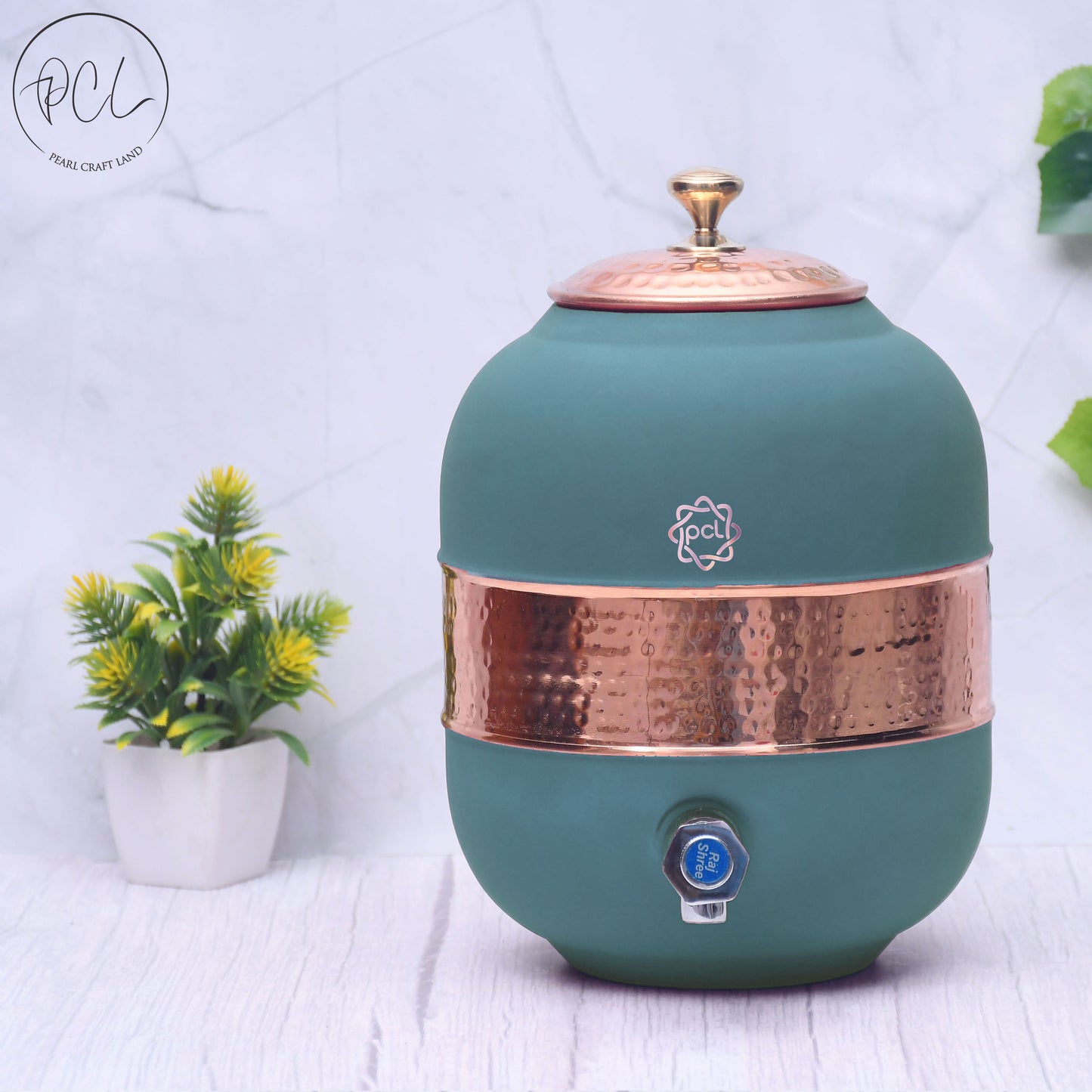 Pure Copper Silk Green Half Hammered Water Dispenser (Matka) Capacity 5000ML