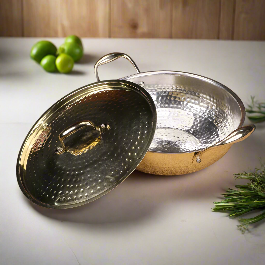Pure Brass Kadhai Set With Tin Coating Inside | Cooking Ware kadhai Set With Lid- 2.5 Ltr