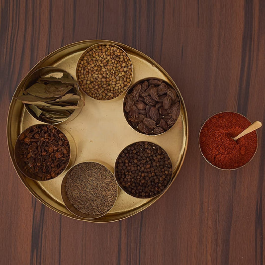 Handcrafted Brass Masala Box Set for Kitchen with Spoon  (7 Containers, 40 ML) 8"