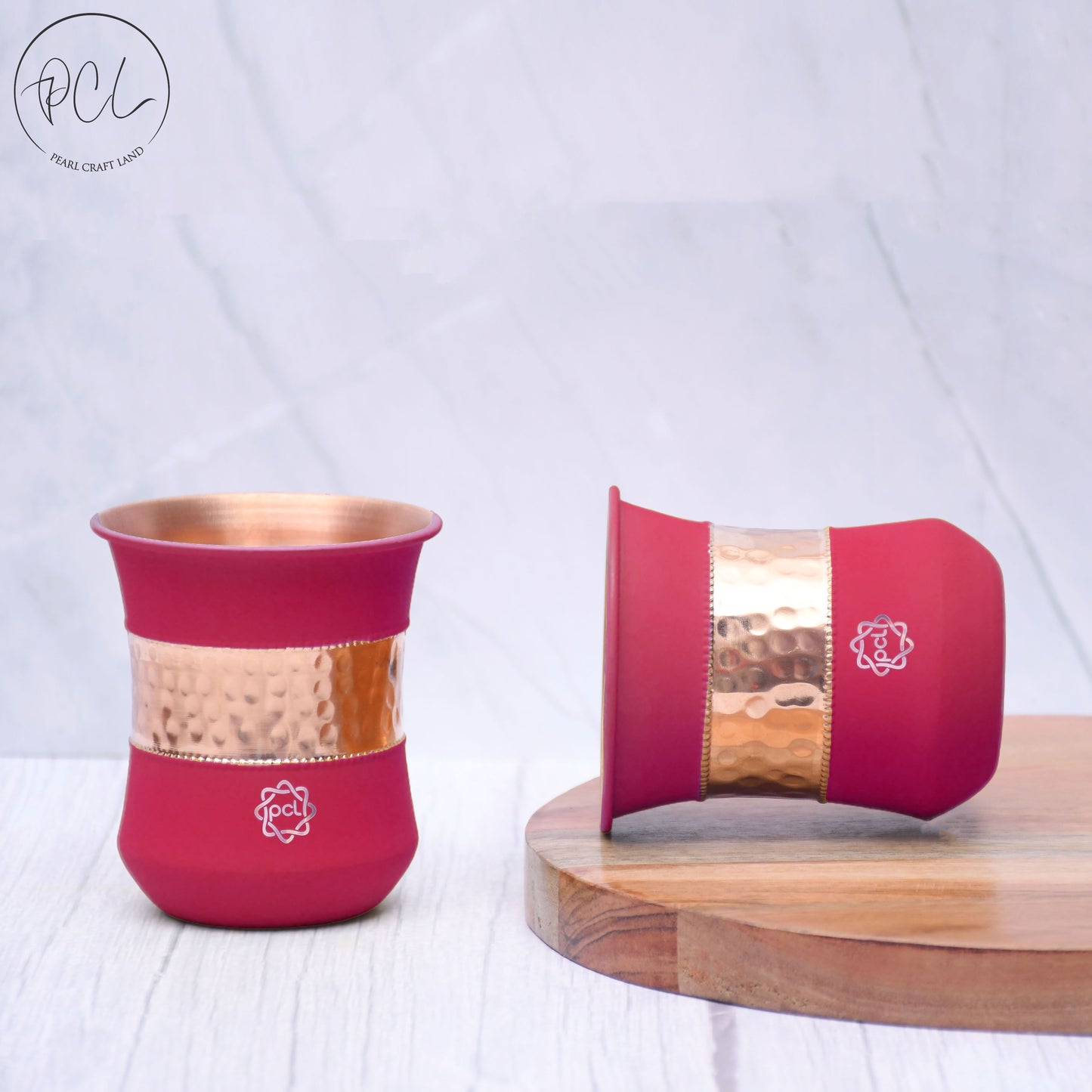 Pure Copper Water Glass Set of 2 Silk Red Cherry Half Hammered Damru Tumbler Capacity 300ML