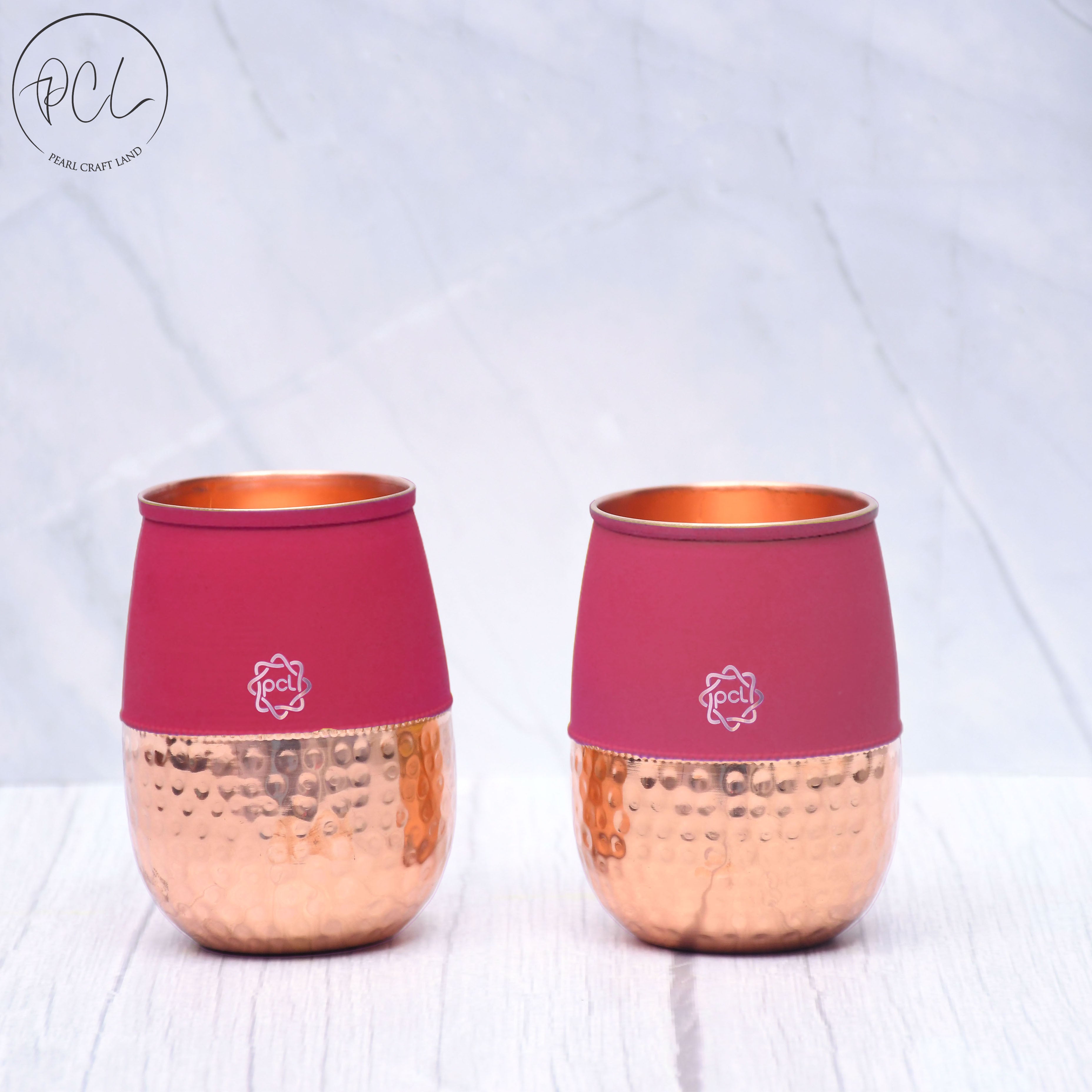 Pure Copper Water Glass Set of 2 Silk Red Cherry Half Hammered Dholak Tumbler Capacity 250ML