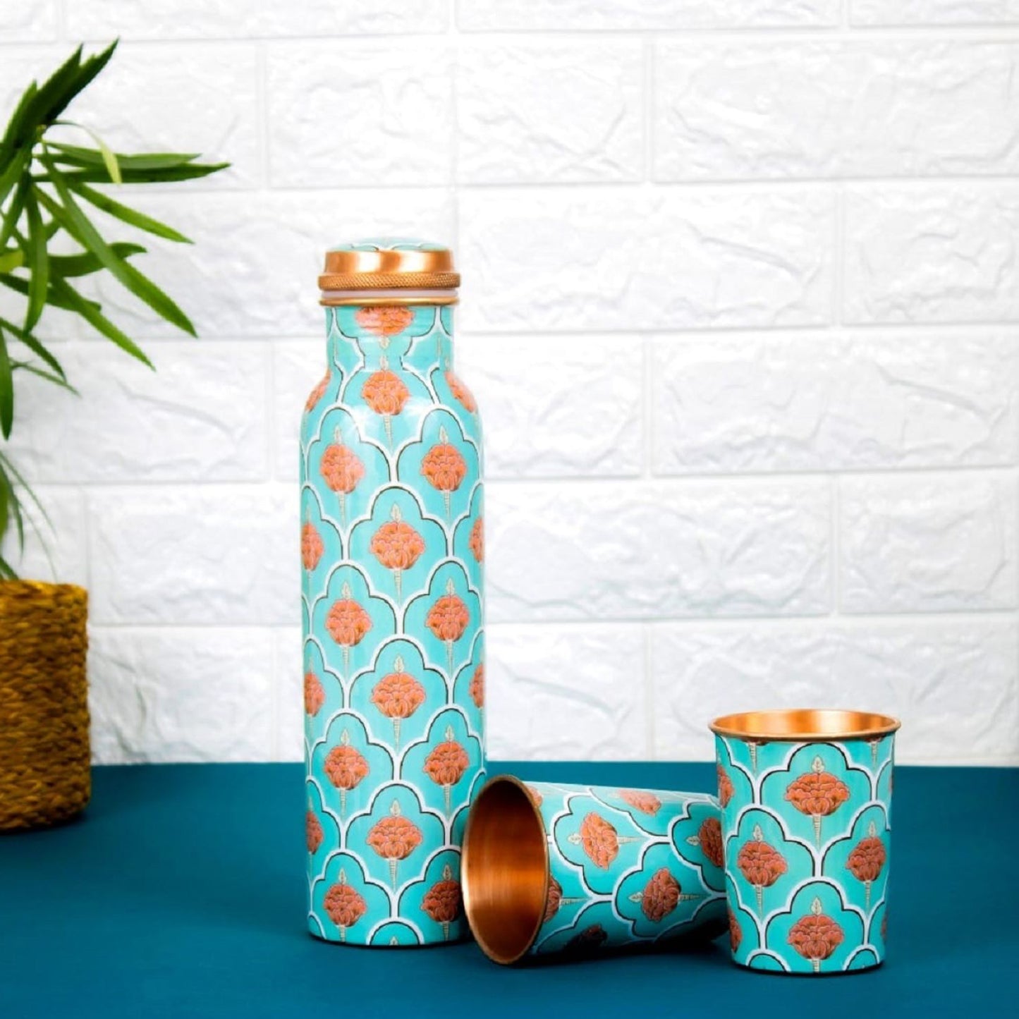 Exclusive Flower Designed Pure Copper Bottle with 2 Glasses Set of 3 Capacity 1450 ML