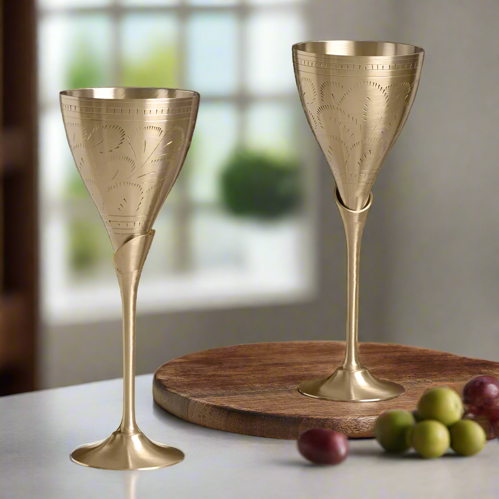 Handcrafted Brass Goblet Set or Wine Glasses | Set of 2 Pcs