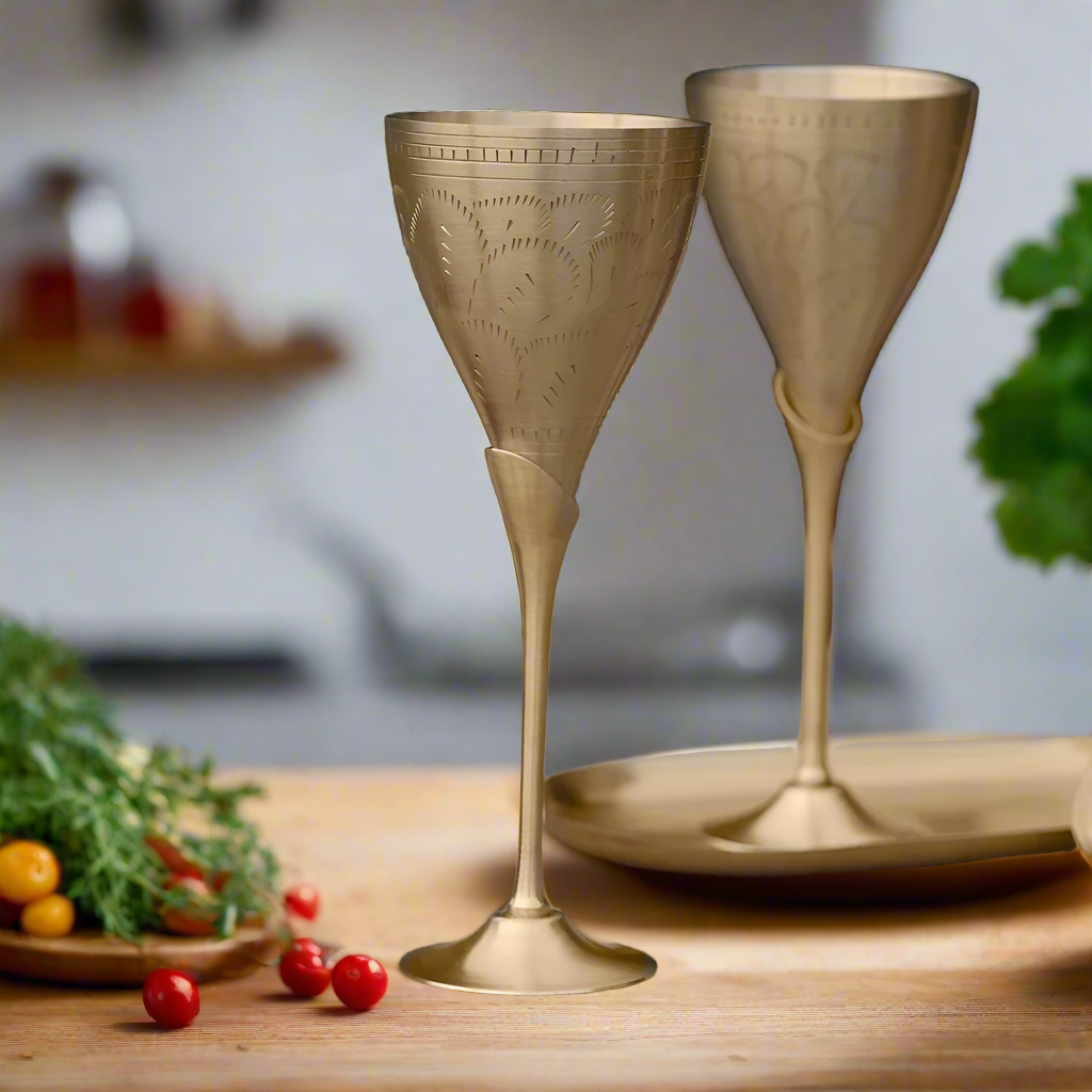Handcrafted Brass Goblet Set or Wine Glasses | Set of 2 Pcs