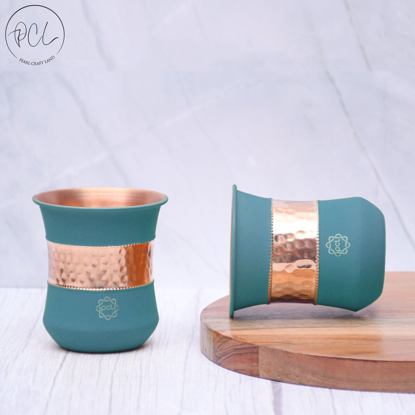 Pure Copper Water Glass Set of 2 Silk Green Half Hammered Damru Tumbler Capacity 300ML