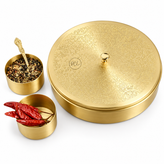 Handcrafted Brass  Half Etched Masala Box Set for Kitchen with Spoon