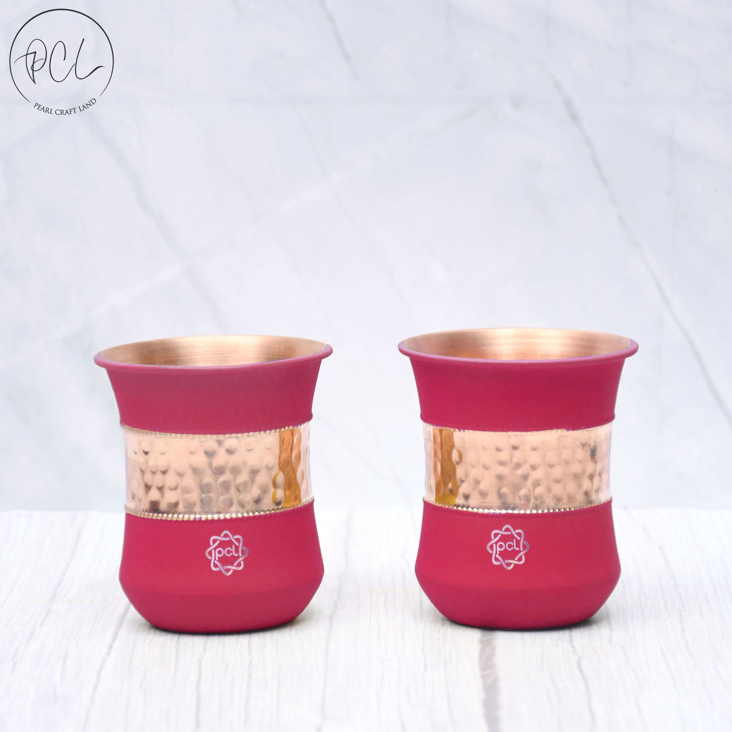 Pure Copper Water Glass Set of 2 Silk Red Cherry Half Hammered Damru Tumbler Capacity 300ML
