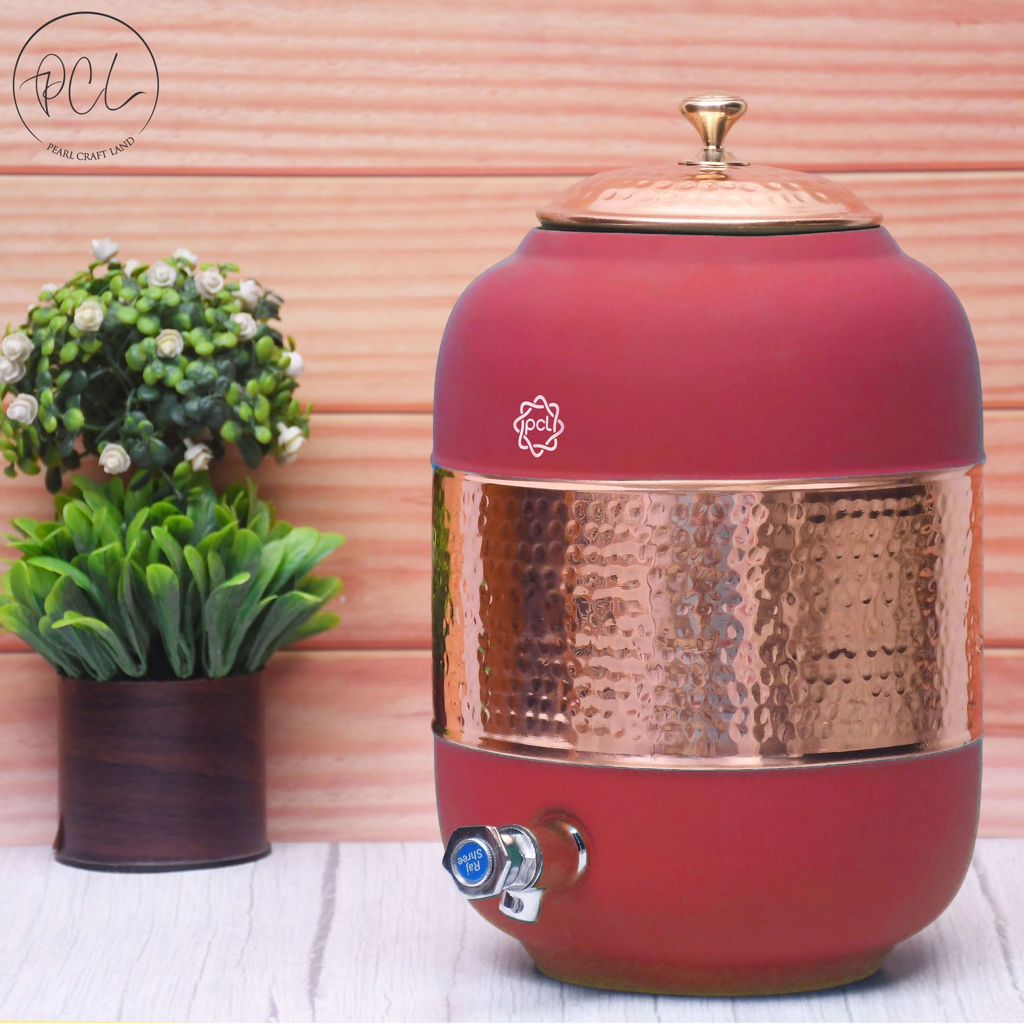 Pure Copper Silk Red Cherry Half Hammered Water Dispenser (Matka) Capacity 8000ML